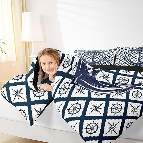 Miniatura 7 de Juego de ropa de cama de ancla náutica, tamaño Queen, juego de edredón azul marino con temática oceánica, relleno de edredón de brújula retro,