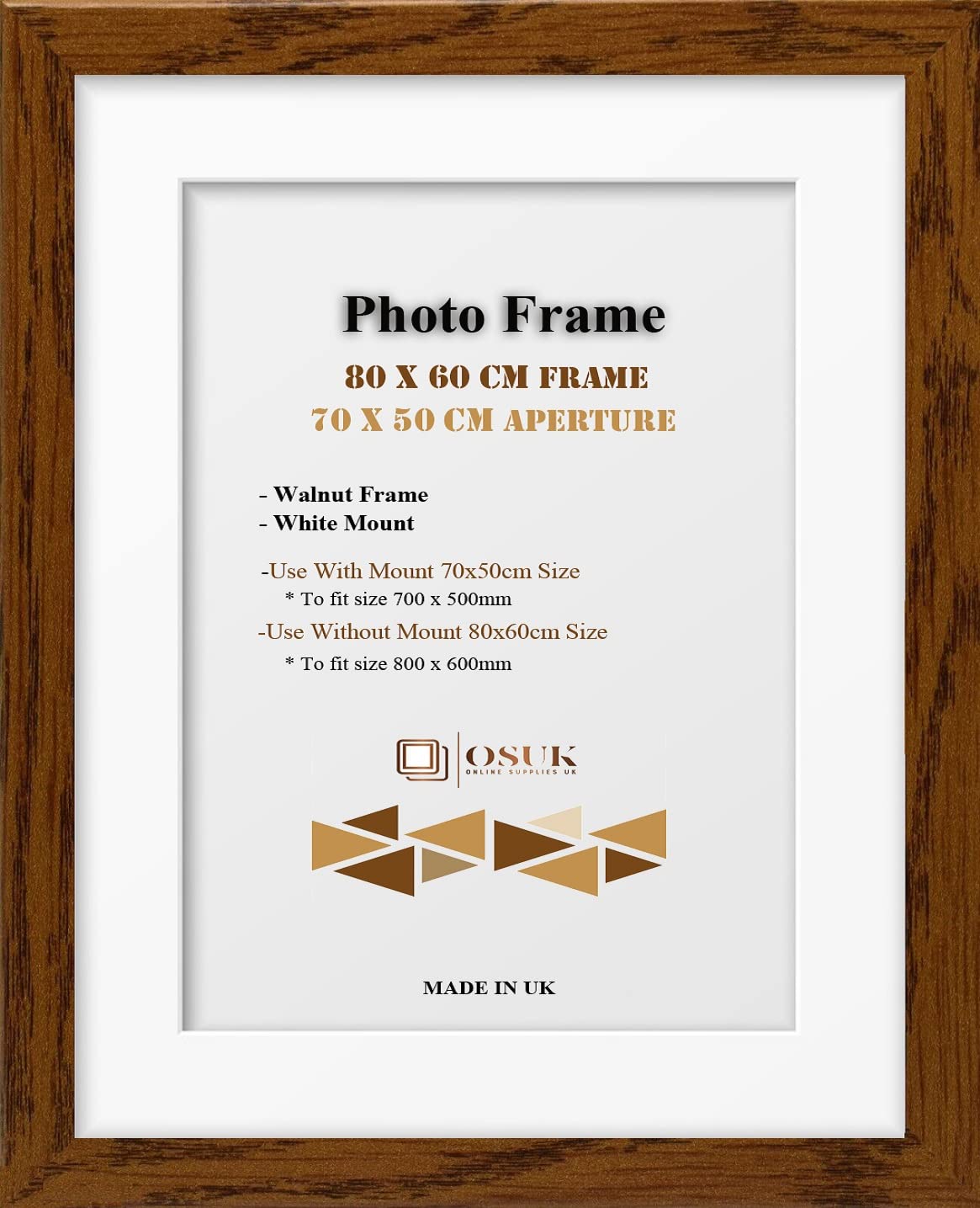 OSUK Walnut 80x60 cm Frame With 70x50 cm White Mount - Modern Photo Frames With Clear Perspex Front & Wall Mounting Poster Frame - 80 x 60cm Frames With 70 x 50cm Mounts