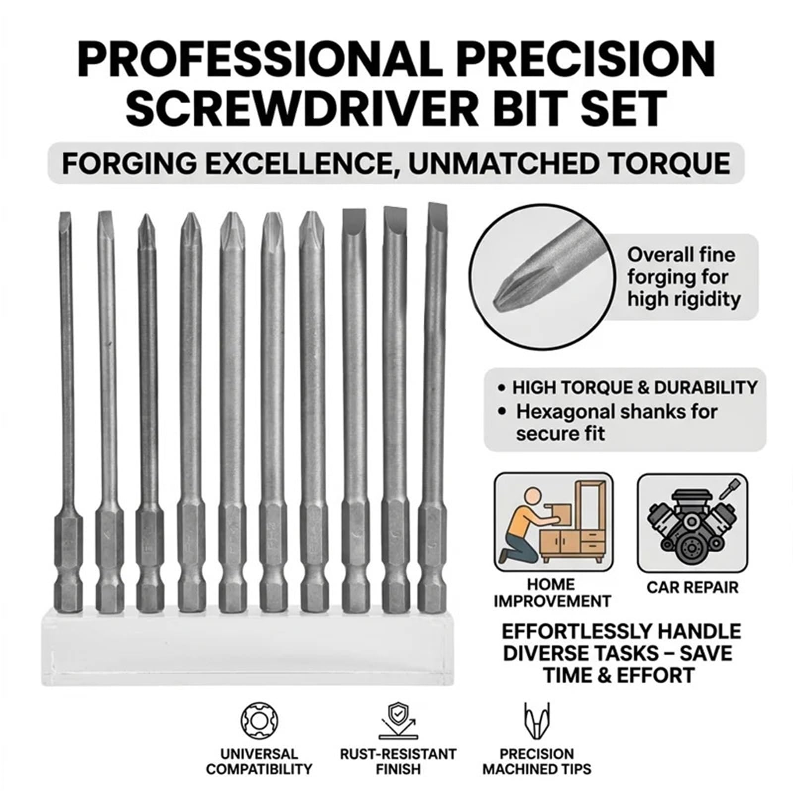 Embouts de tournevis Jeu d'embouts de tournevis à fente et Phillips étendus, embouts trempés longue tige, tailles 3/4/5/6mm for les outils vissage réparation domestique(10PCS)