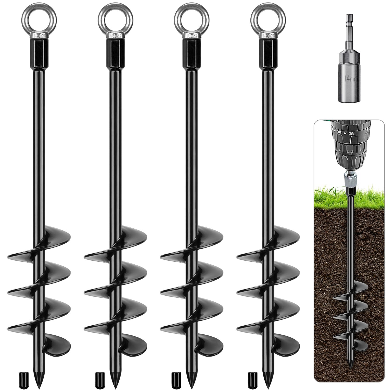 BeneLabel Picchetto per tenda resistente, 47 cm, con vite di ancoraggio a terra, 4 pezzi, in metallo, sabbia, sabbia, vento, tempesta, picchetto per altalena, campeggio, capannone, cane, posto auto