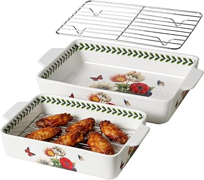 ACMLIFE Ceramic Casserole Dish for Oven, Ceramic Baking Dish Set with Roasting Racks, Floral Baking Dishes for Oven Lasagna Pan, Large Baking Dish with Handles, Durable and Oven Safe Pan, Gift Packaging 4 Pcs Set13"x8"+10.3"x6.3" Beauty Roasting Rack