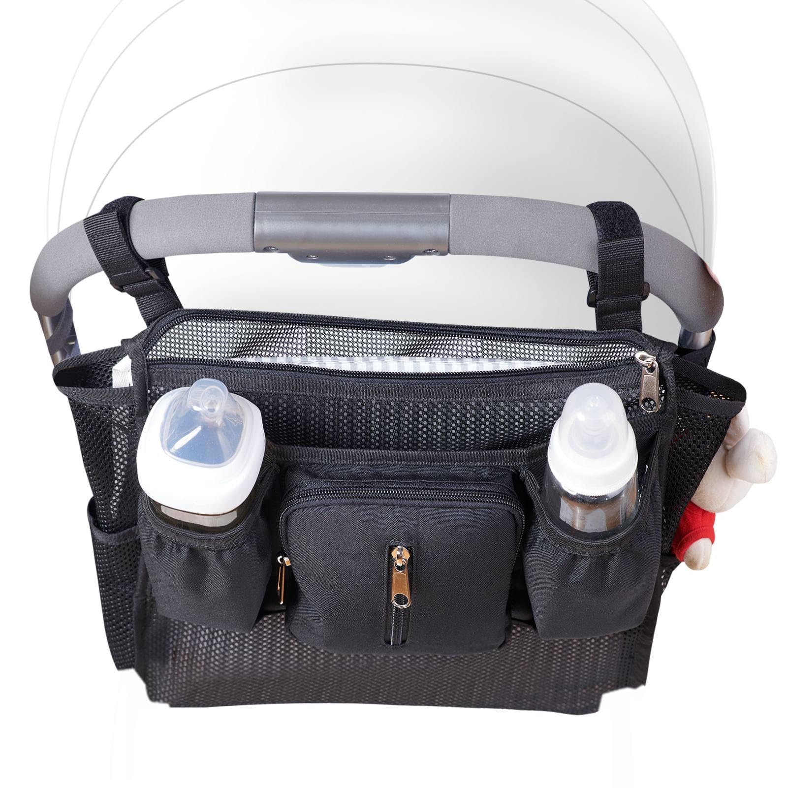 SUNVENO Organizer universale 2 in 1 per passeggino, portabicchieri isolati, tasca per telefono/polso con cerniera, tracolla laterale in rete, cinghie antiscivolo regolabili, si adatta alla maggior