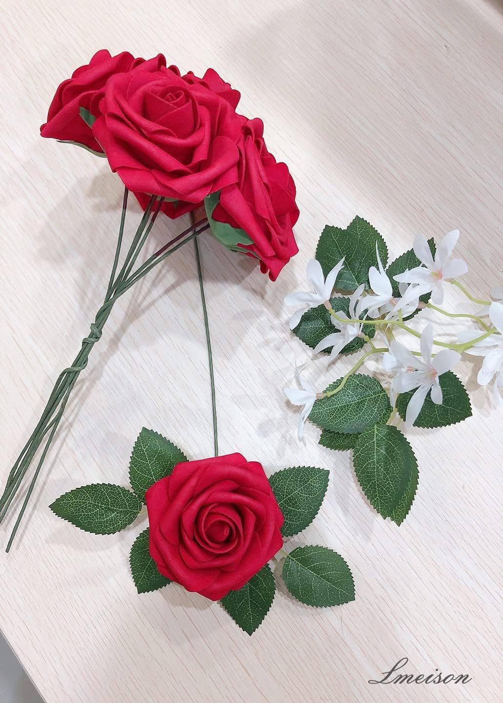 Lmeison Artificial Flowers Dark Red Roses, 50pcs Real Looking Foam Fake Roses with Stems for DIY Wedding Bouquets Bridal Shower Centerpieces Floral Arrangements Party Tables Home Decorations