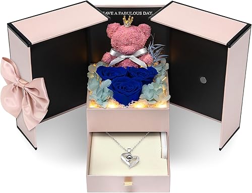Regalos para el día de San Valentín para mujer flores rojas preservadas regalos de rosas con bonito oso para mamá regalos románticos para ella