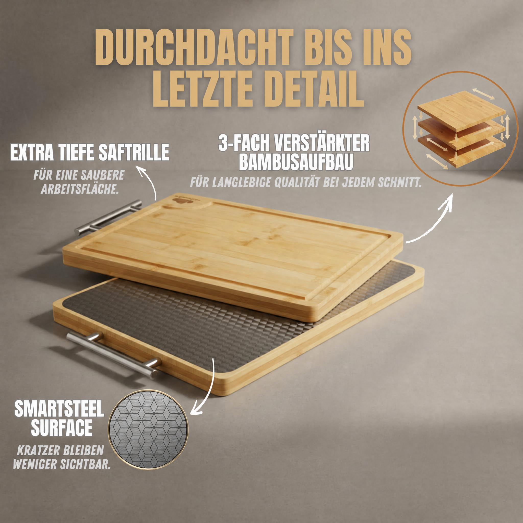 Tabla de cortar de doble cara de acero inoxidable y bambú, tabla de cocina con surco y mango de metal, tabla de madera antibacteriana, tabla de cortar de bambú grande, tabla de trinchar 40 x