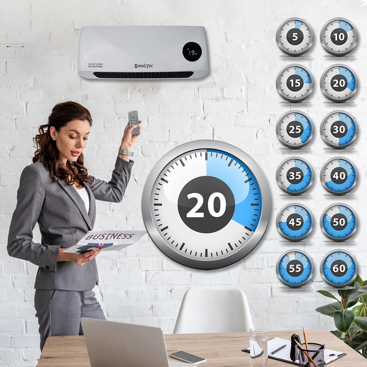 MalTec Termoventilatore in ceramica da parete con telecomando PT3800Wt | Riscaldatore rapido | Funzione antigelo | Riscaldatore | Adatto per casa bagno