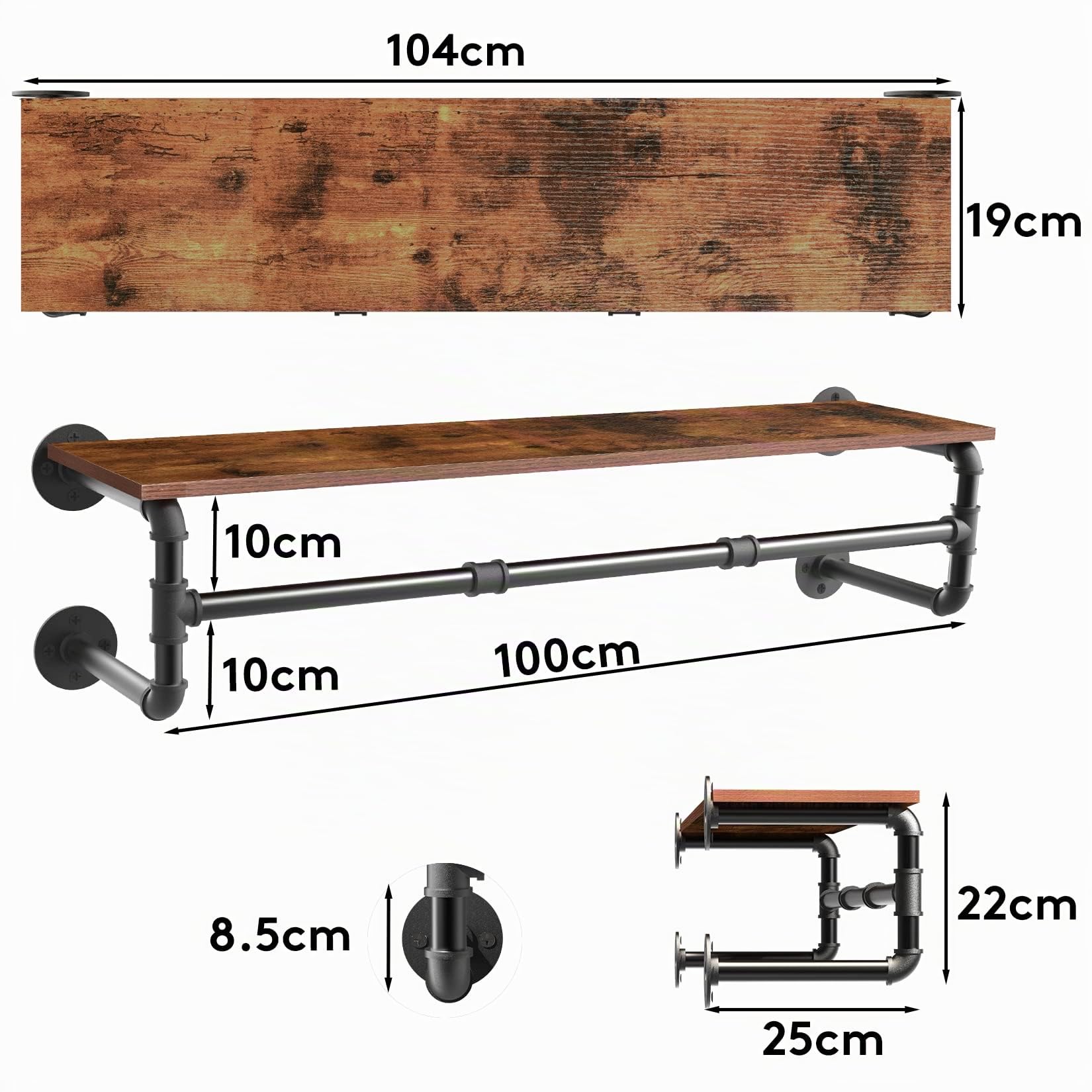 unho Wandgarderobe mit Ablage, Kleiderstange zur Wandmontage im Industrierohrstil, platzsparenders Wandregal Küchenregal mit Vier Basen