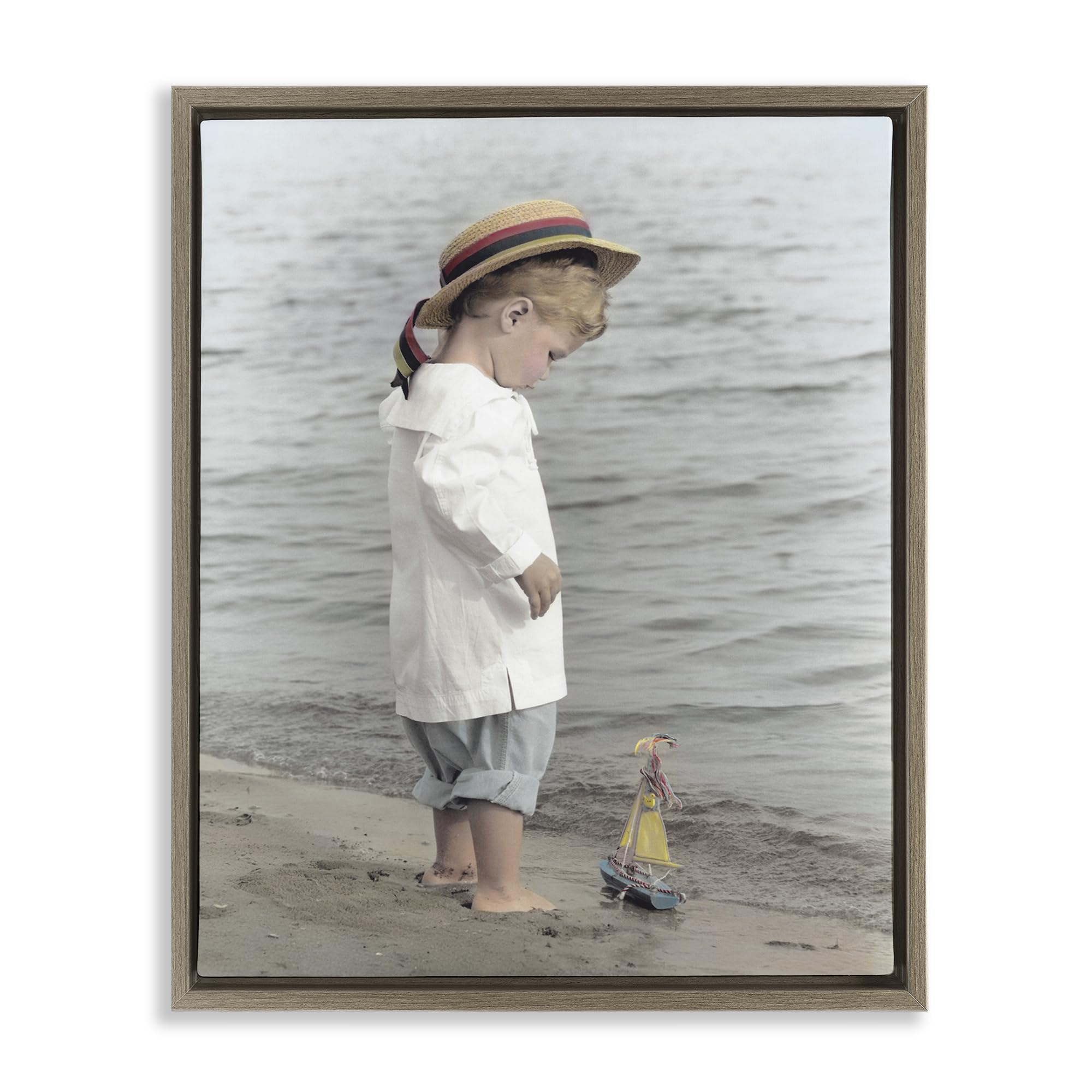 Stupell Industries Vintage Child Beach Portrait 'Child On Beach Shore', Floating Frame Canvas Art, Brown, 17 X 21 Inches, Easy To Hang And Sturdy, Made In Usa, By Kendra Dew
