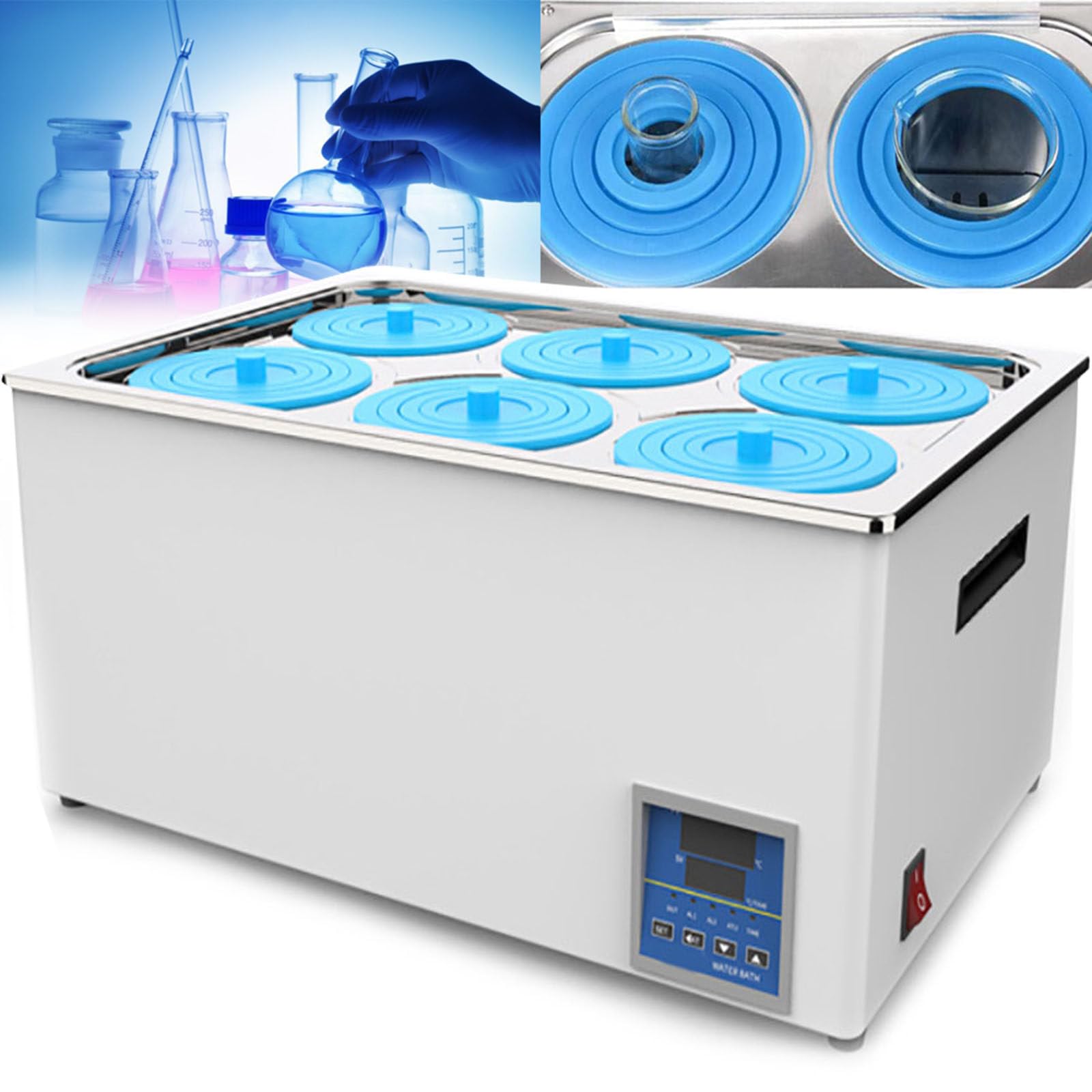 Baño María Termostático Digital, Tanque Interior De Acero Inoxidable | FuncióN De SincronizacióN Y CombustióN Antiseca | Pantalla Digital Dual | 6 Aperturas | Capacidad De 16 litros | 1200W