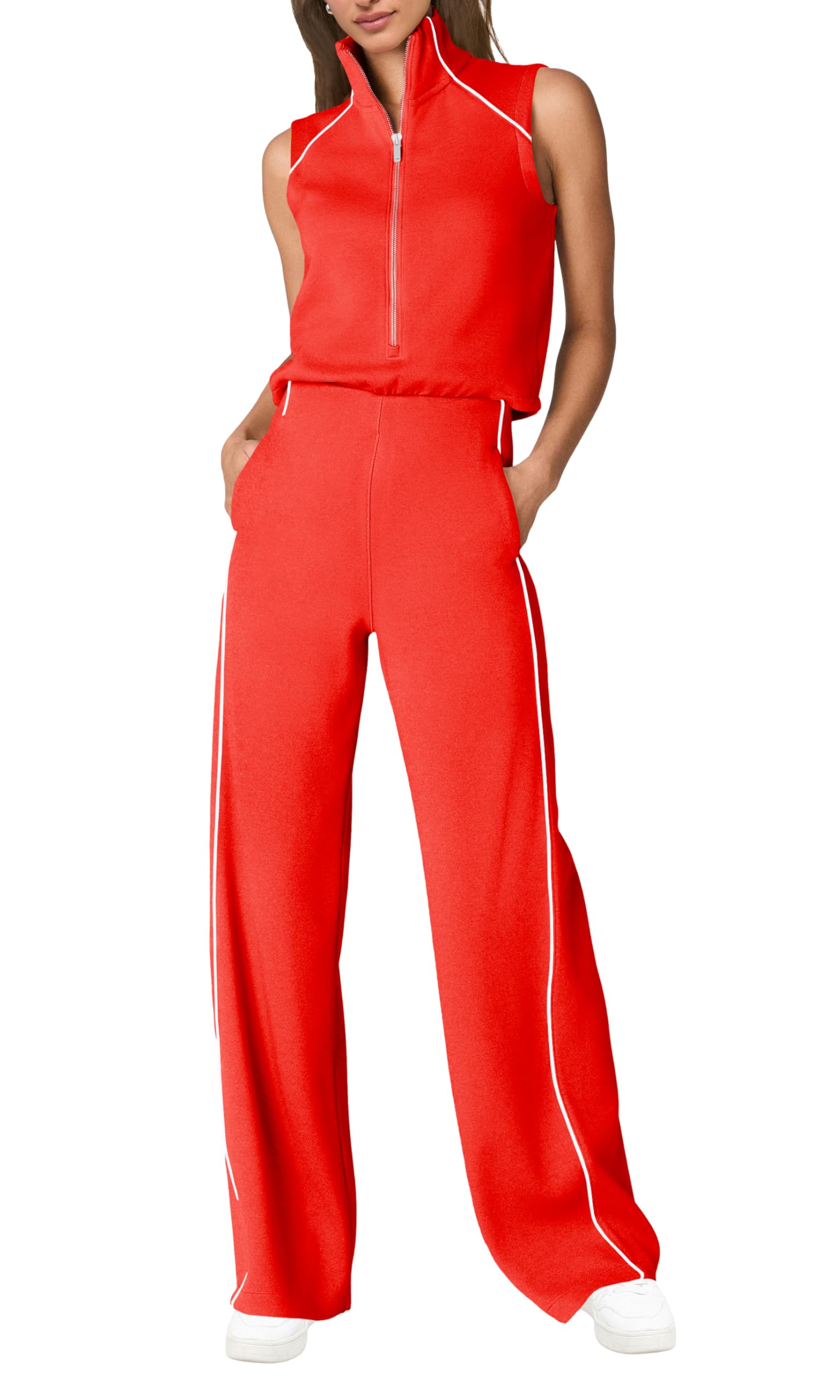 SENSERISE Womens Summer Jumpsuits Dressy Casual Sleeveless Mock Neck Top Wide Leg Pants Romper with Pockets