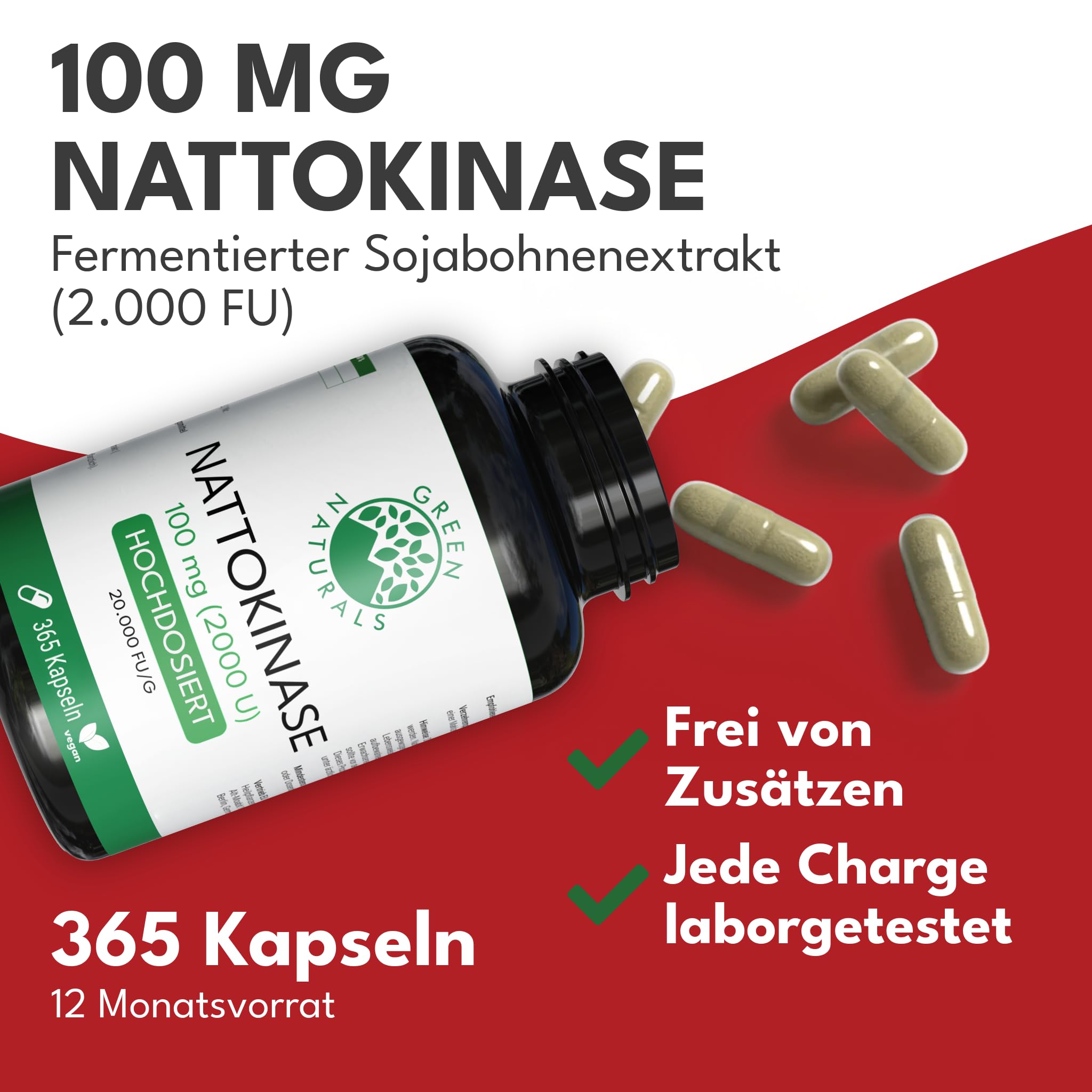 Green Naturals Nattokinase – Hochdosiert: 100 mg – 365 Kapseln | 2.000 FU pro Kapsel (20.000 FU/g) · Aus fermentiertem Soja (Natto) · 12-Monatsvorrat
