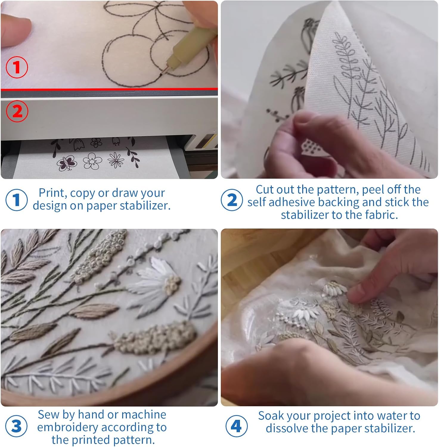 AYSOW 24PCS Sticky Water Soluble Embroidery Stabilizer Sheets - 8.3"x11.7" Non-Toxic, Strong Adhesion, Easy Design Transfer - Perfect for Machine & Hand Embroidery, Cross Stitch, and Quilting