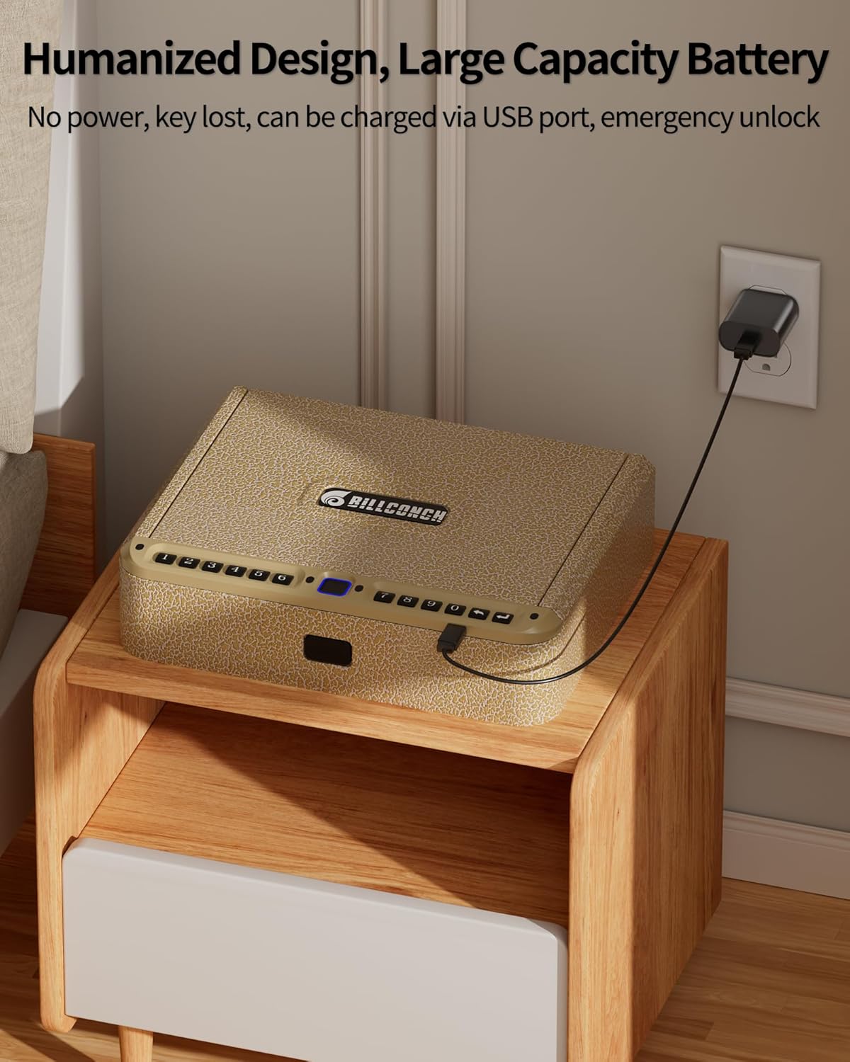 BILLCONCH safe connected to a wall charger via USB cable on a nightstand.