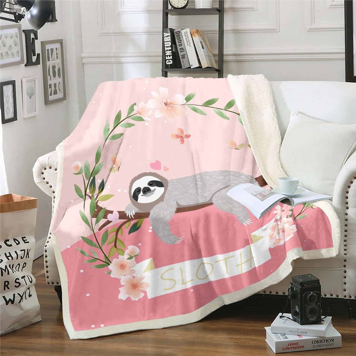 Feelyou Cartoon Sloth Sherpa Fleece Throw Blanket for Kids & Adults - Pink Floral Sloth Plush Blanket, 60x80 Inches