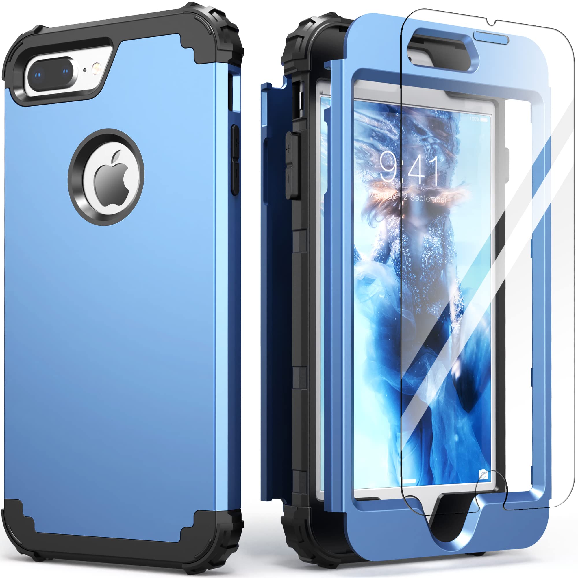 IDweel for iPhone 8 Plus Case,for iPhone 7 Plus Case with Screen Protector,3 in 1 Shockproof Hybrid Heavy Duty Protection Hard PC Cover Soft Silicone