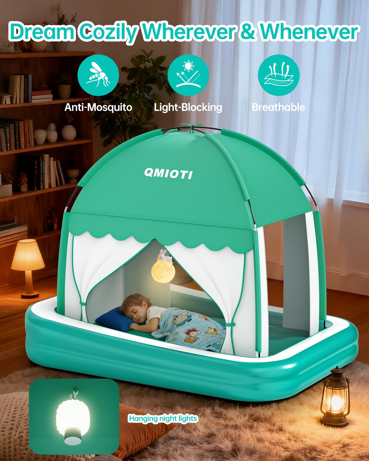 Aufblasbares Kleinkind-Reisebett mit Zelt, tragbares Reisekrippenzelt, Kinder-Luftmatratze mit Sicherheitsstoßstangen, elektrische Pumpe, ideal für Zuhause, Camping, Oma