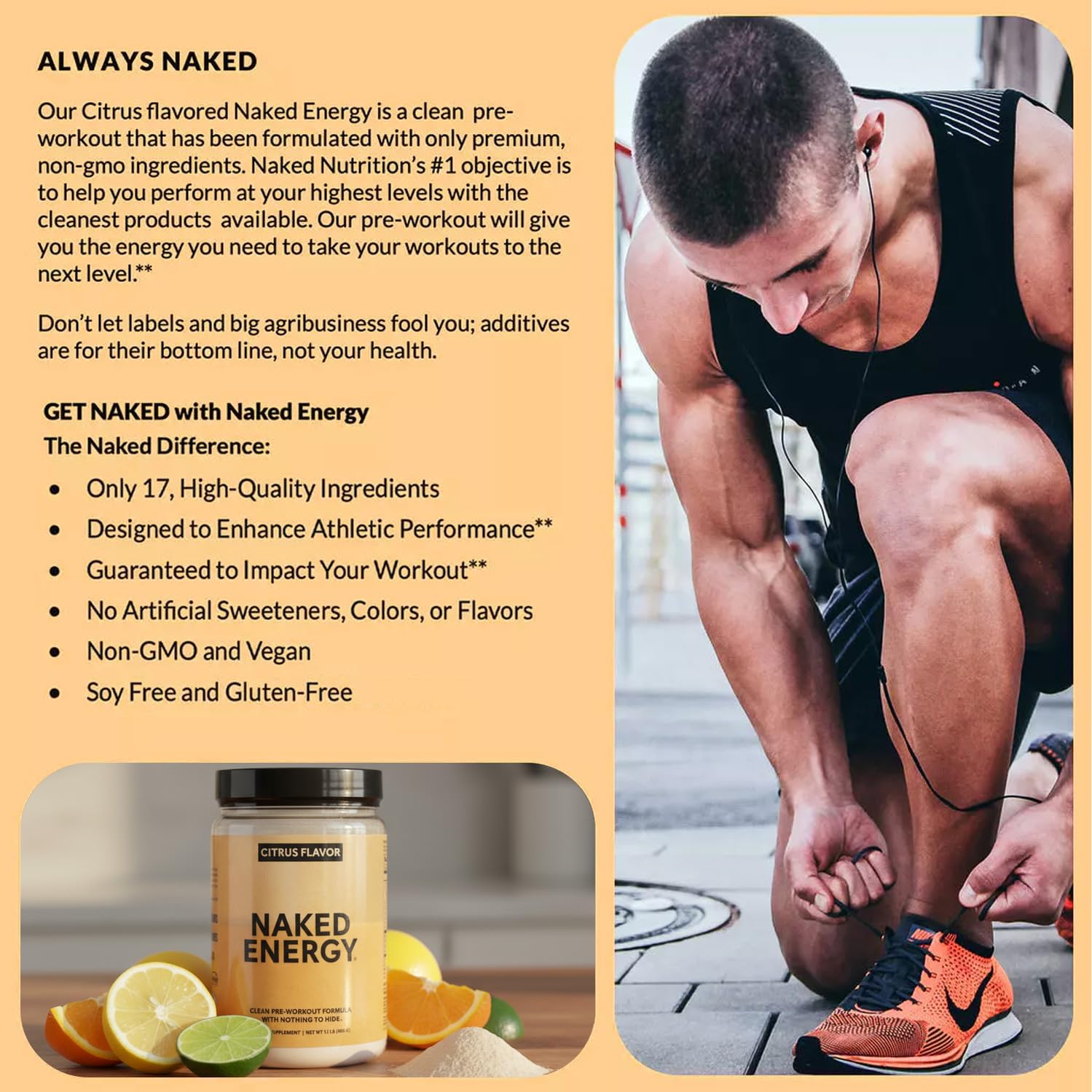 NAKED Citrus Energy - Citrus Flavored Clean Pre Workout Supplement for Men and Women, NSF Certified, Vegan Friendly, No Added Sweeteners, Colors Or Flavors - 30 Servings