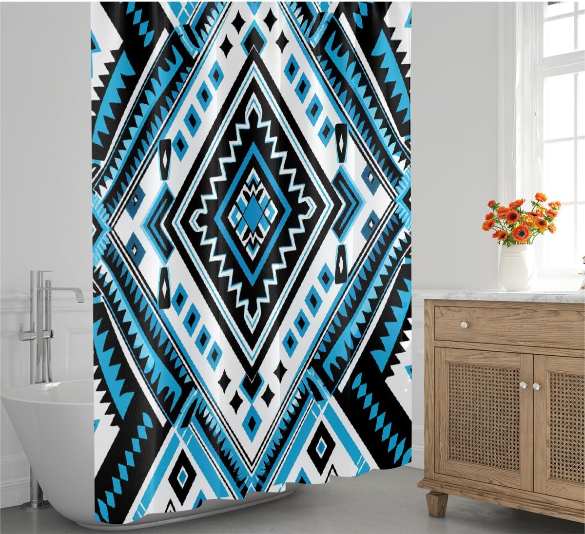 Shower Curtain with 12 Hooks, Aztec Geometric Blue Waterproof Bath Curtain, Decorative Fabric Shower Liner for Bathroom Home Dorm, 72"x72"