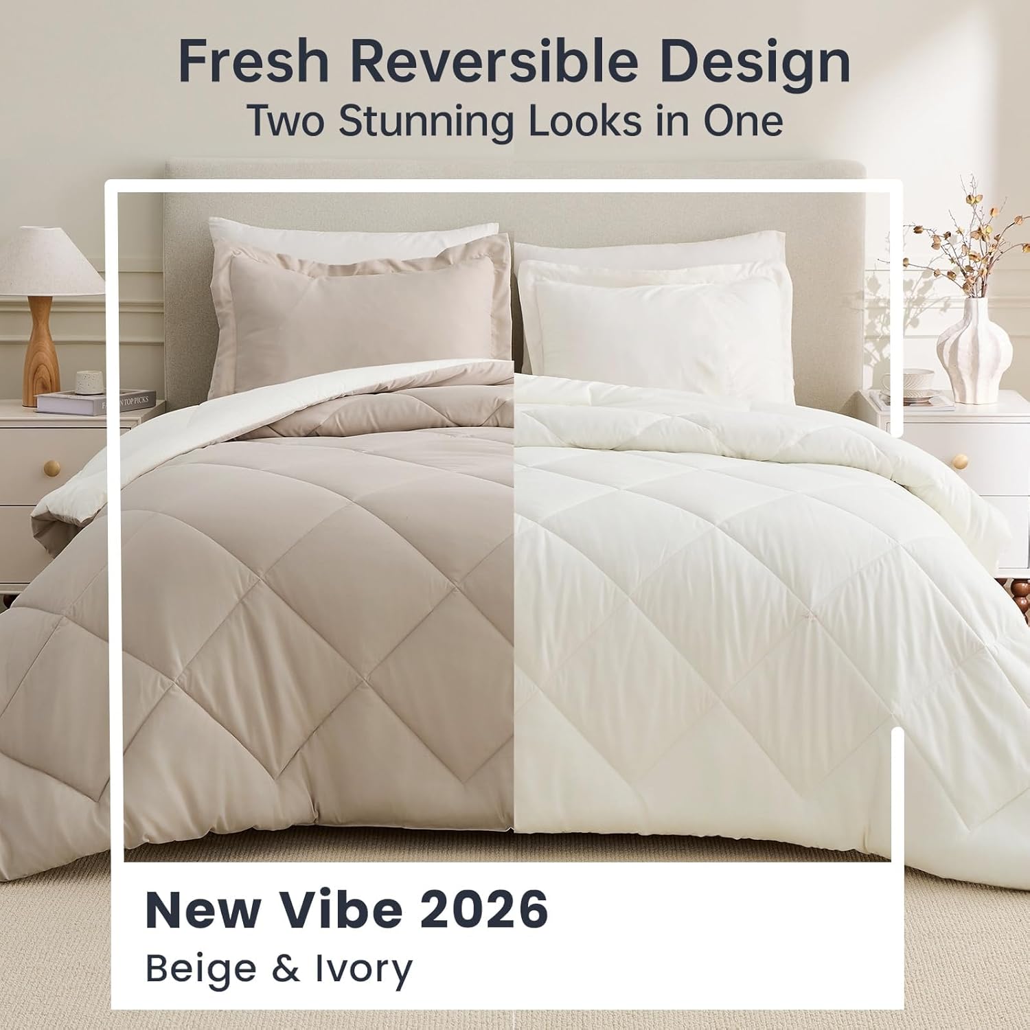 JOLLYVOGUE Full Comforter Sets, Ultra Soft Reversible Bedding for All Seasons, 3 Pieces Down Alternative Bed Set Includes 1 Lightweight Comforter (82"x86") and 2 Pillow Shams (20"x26"), Beige & Ivory