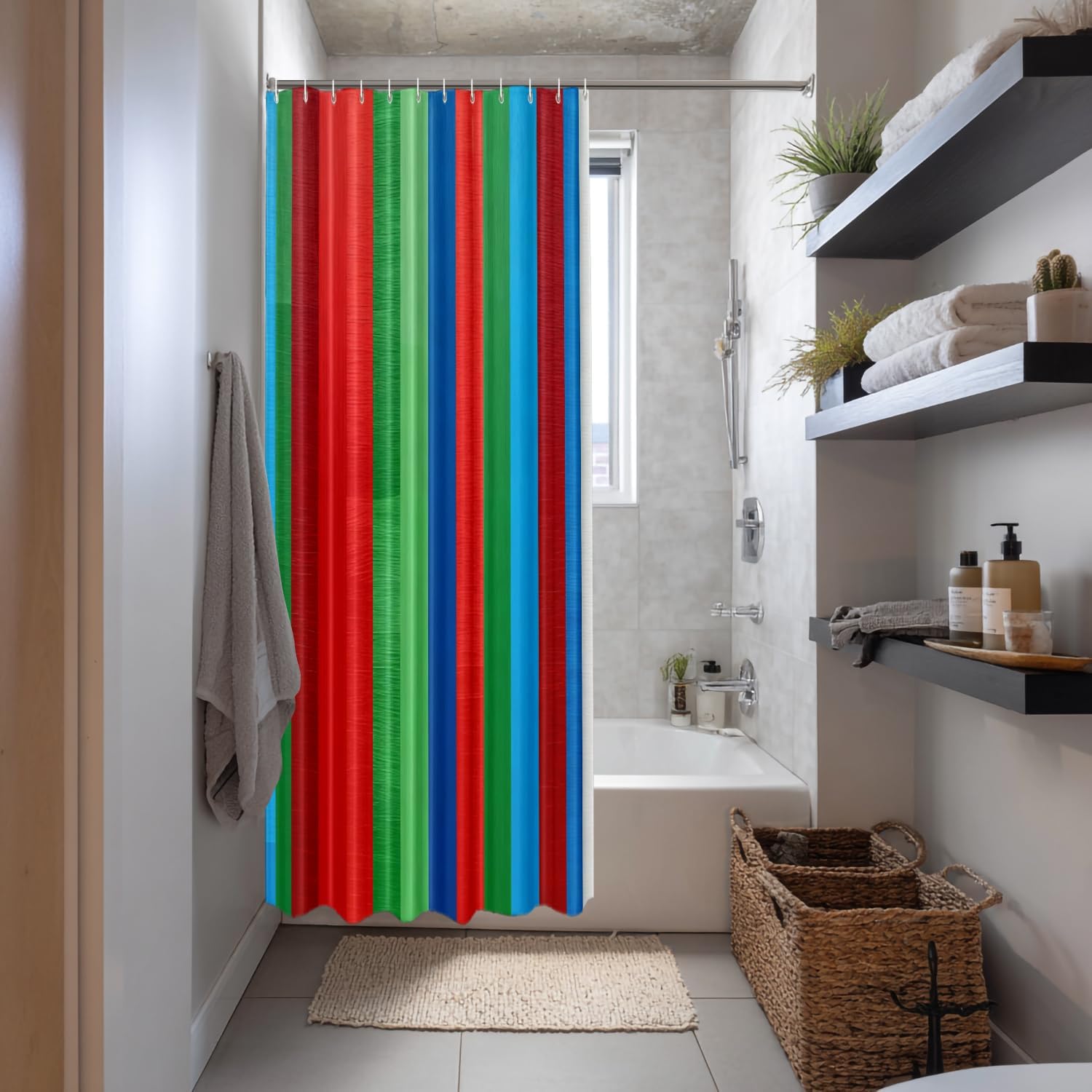 Shrahala Red Retro Striped Decorative Shower Curtain, Blue Aztec Rainbow Bathroom Décor Polyester Fiber Waterproof with Plastic Rings for Shower Stall Bathtubs 72 x 72 in