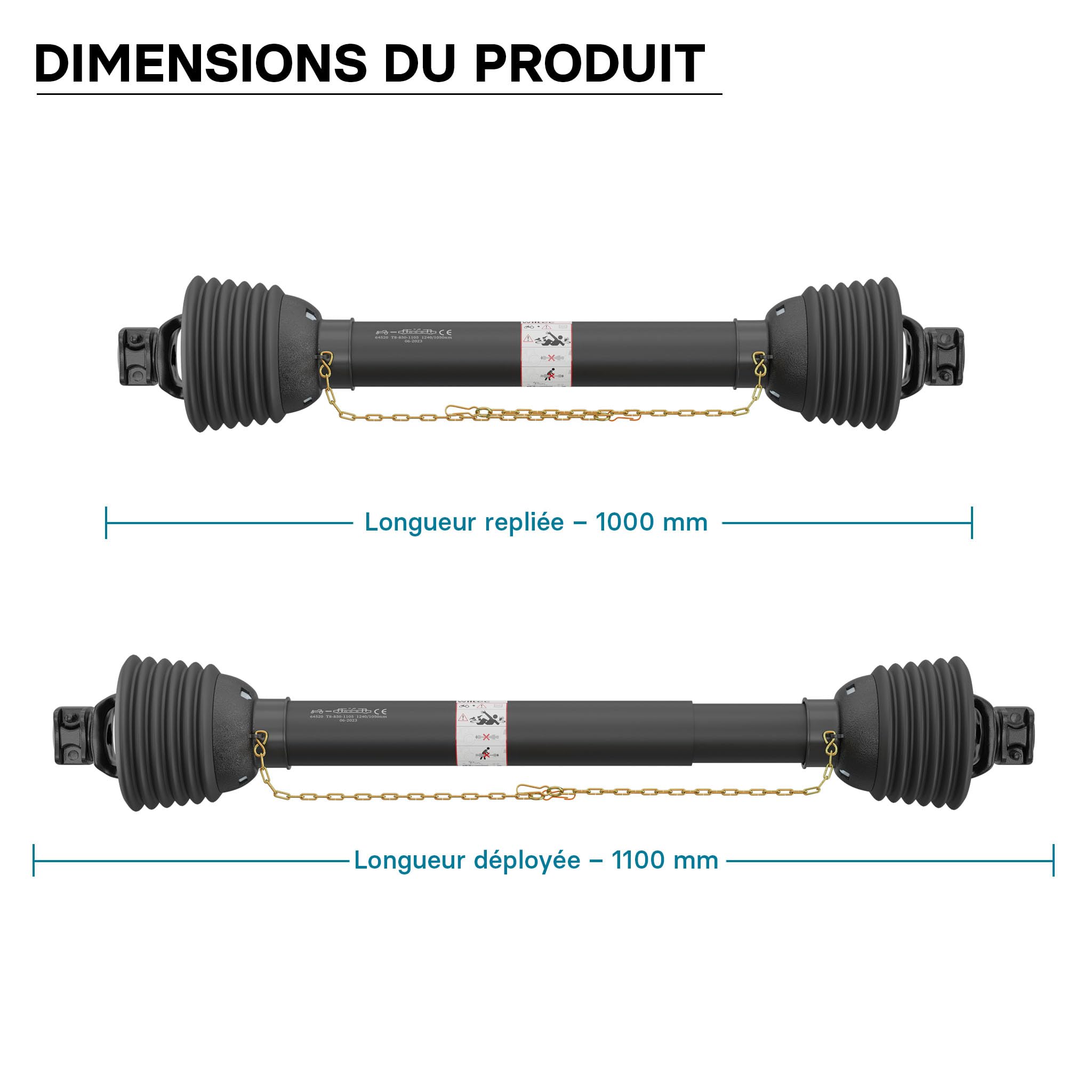 WilTec Arbre de Transmission T8 Cardan 1000-1100mm 1240Nm 540 TR/Min 110kW (150CV) 2X 1 3/8" 6 Dents