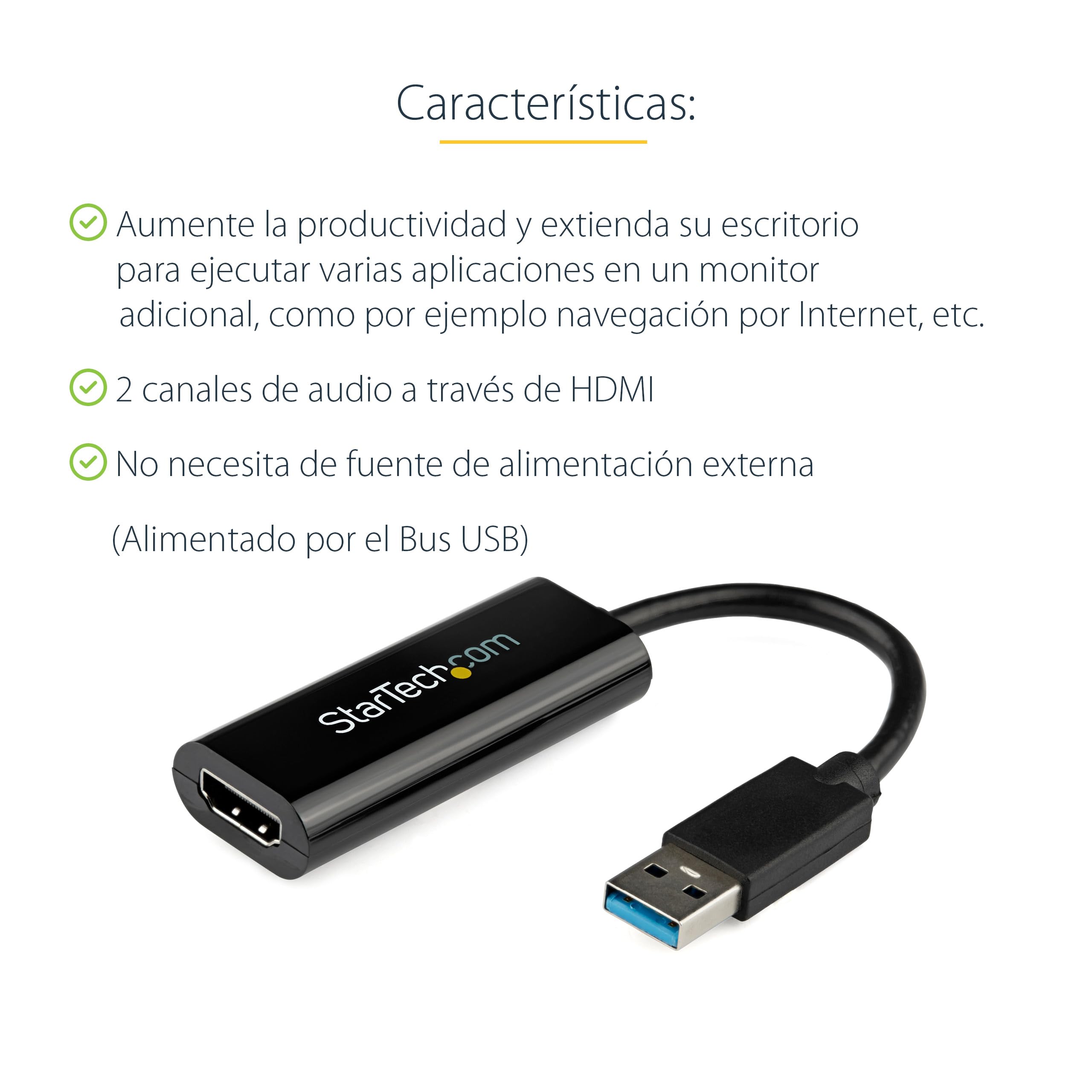 StarTech.com Adaptador USB 3.0 a HDMI - 1080p (1920x1200) - Adaptador Conversor Compacto de USB-A a HDMI para Monitor - Adaptador Gráfico Externo de Vídeo - Negro - para Windows Solamente (USB32HDES)