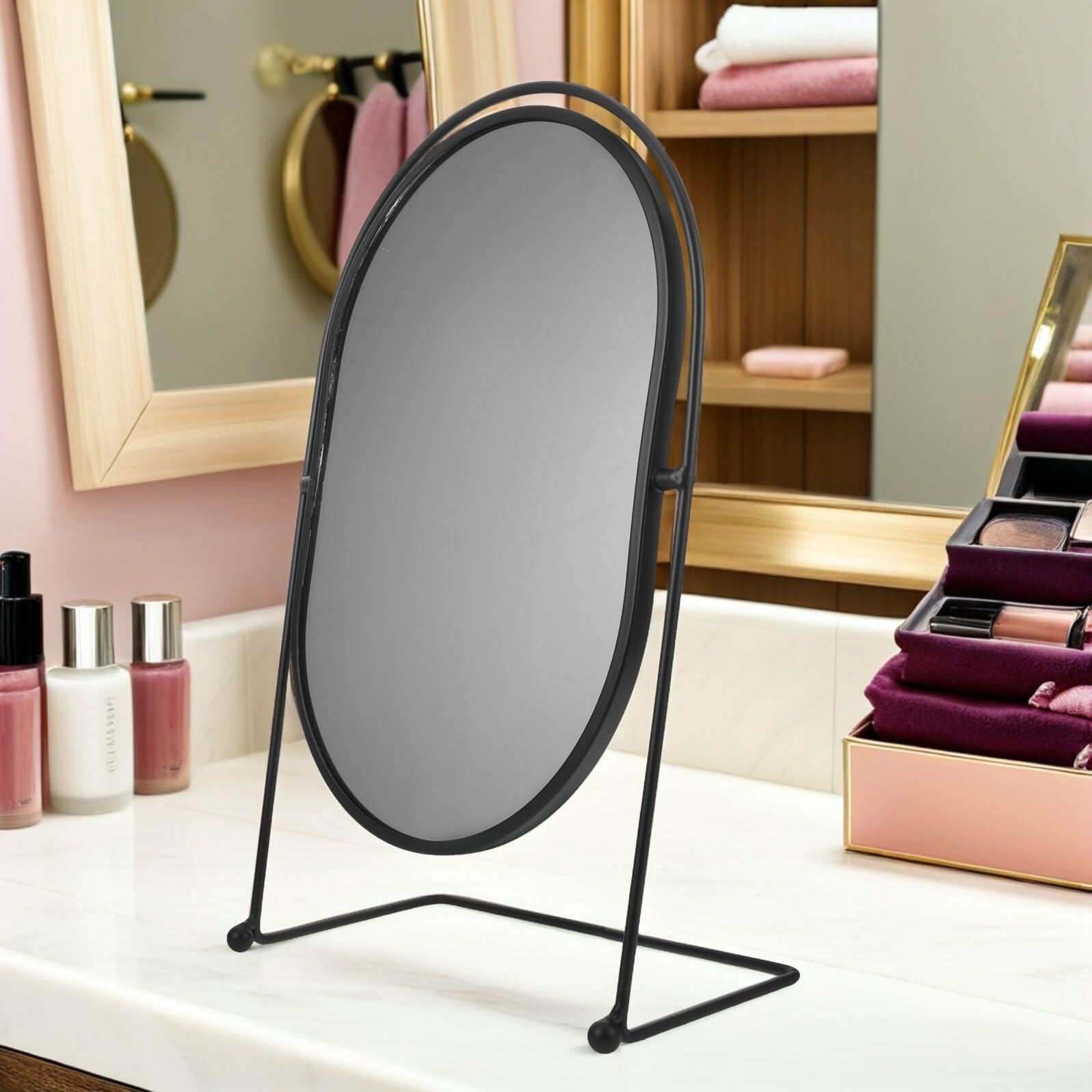 TOPBATHY Espejo de Maquillaje Ovalado Giratorio Grande con Soporte Metálico Espejo de Tocador HD para Dormitorio y Escritorio para Niñas y Estudiantes Adecuado para Maquillaje y Cuidado
