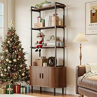 71" Tall Fluted Bookshelf with Sliding Tambour Doors, 4-Tier Mid Century Modern Metal Bookcase Cabinet w/Open Display Storage Shelf, Display Cabinet for Office, Living Room Walnut