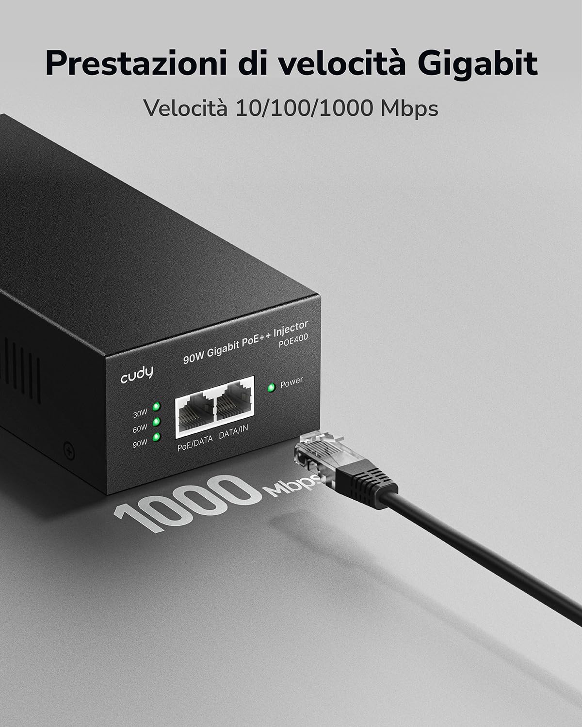 Cudy POE400 90W Gigabit Ultra Potenza Alimentatore PoE++, PoE++ Injector, 48V-56V/ Max 90W, 10/100/1000Mbps RJ-45, IEEE 802.3af / 802.3at / 802.3bt Compatibile, Fino a 100 Metri, adattatore PoE