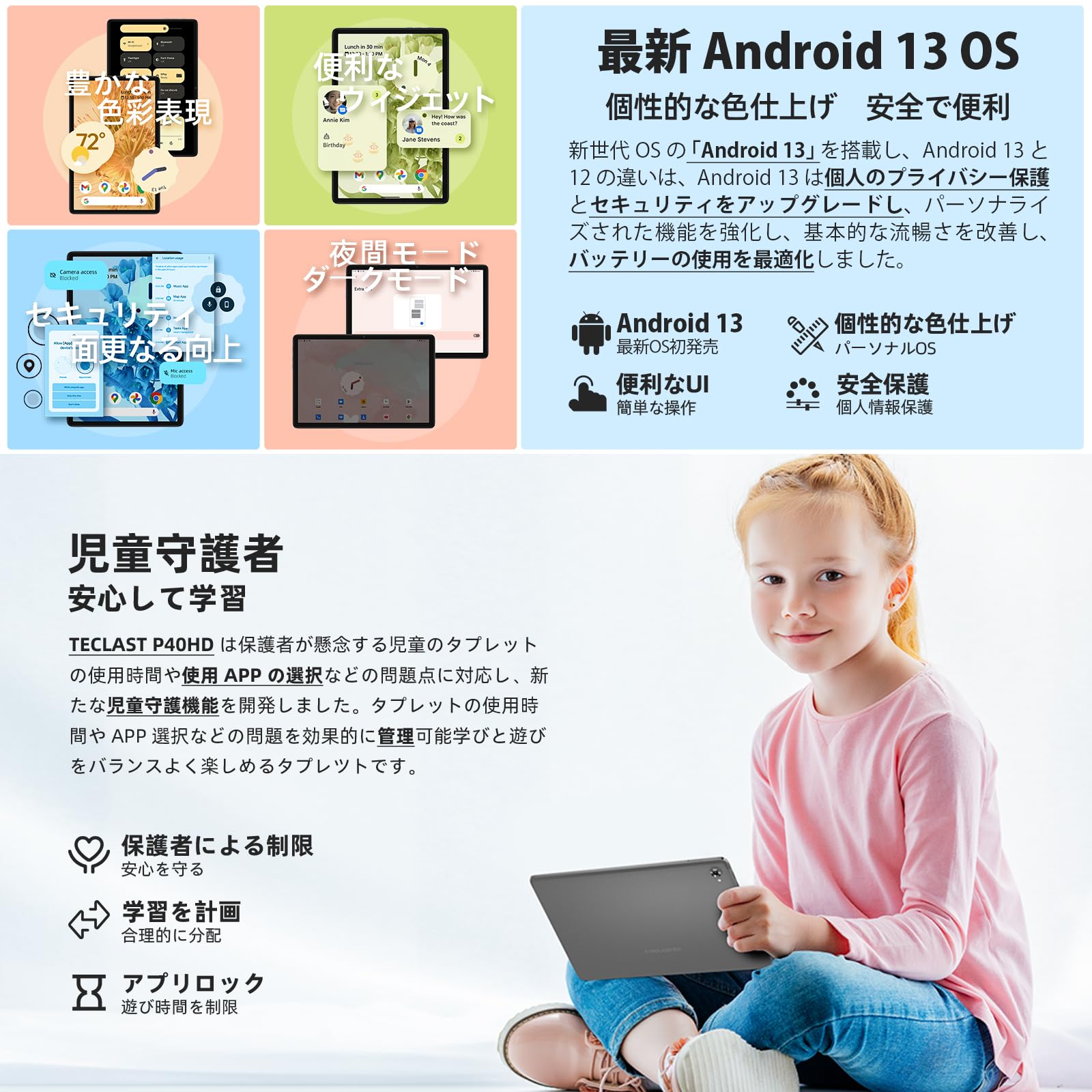 Amazon.co.jp: TECLAST P40HD Android 13 タブレット 10インチWi-Fi