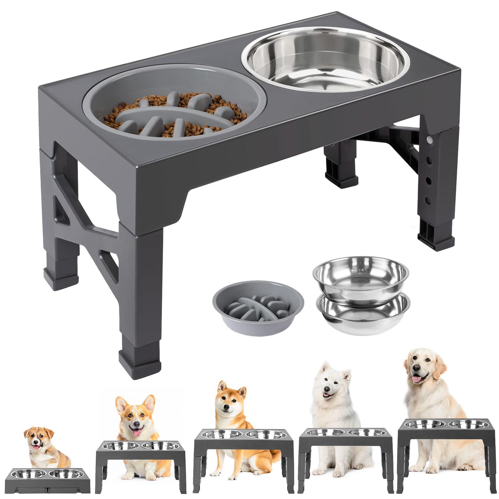Niubya Elevated Slow Feeder Dog Bowl, Adjustable Raised Dog Food Bowls Stand with Slow Feeder Insert for French Bulldog, Pug, Small Medium Large Dogs, 5 Heights (8-31cm), Anti-Slip, Foldable, Grey — image 1