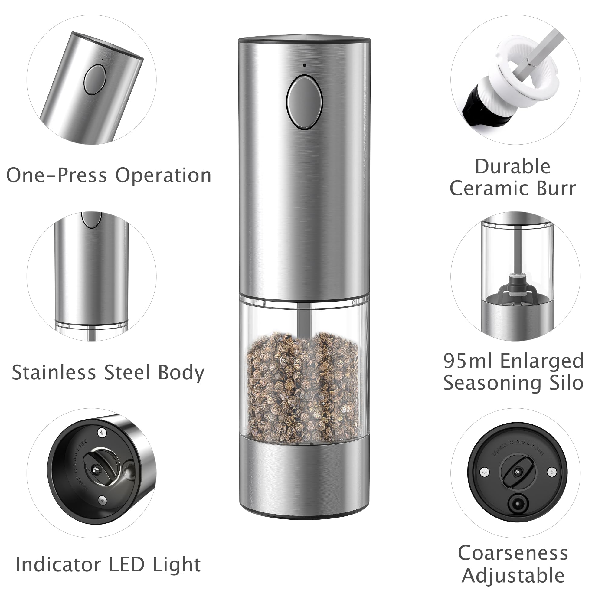 Juego de molinillo eléctrico de pimienta y sal, molinillo de condimento automático, grosor recargable tipo C ajustable, con luz LED, silo ampliado de 95 ml y base de almacenamiento lavable,