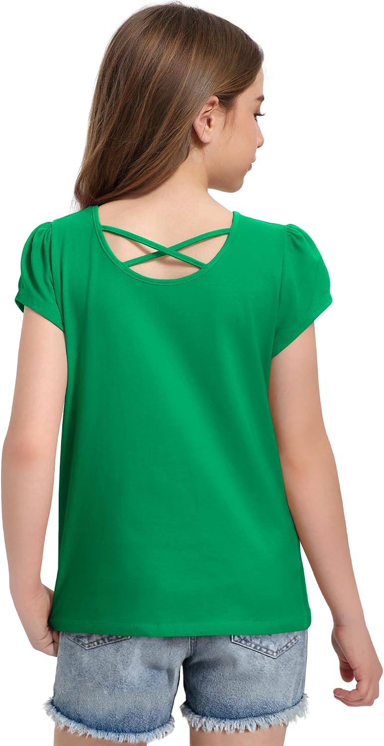 KEREDA Girls Shirts Fashion Cross-Back T-Shirt Cute Puff Short Sleeve Tees image 4