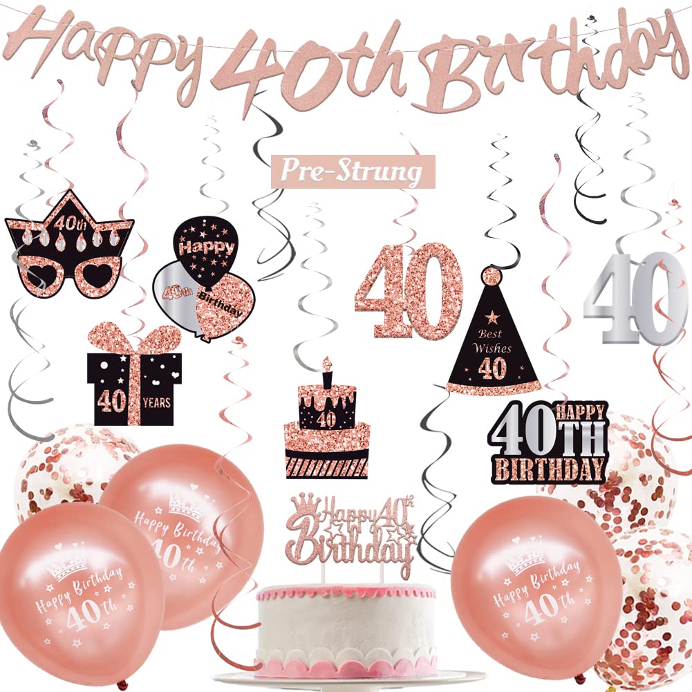 WOJOGO 40th Birthday Decorations for Women, Rose Gold & Black 40 Years Old Birthday Decorations for Women Men Happy 40th Birthday Banner Hanging