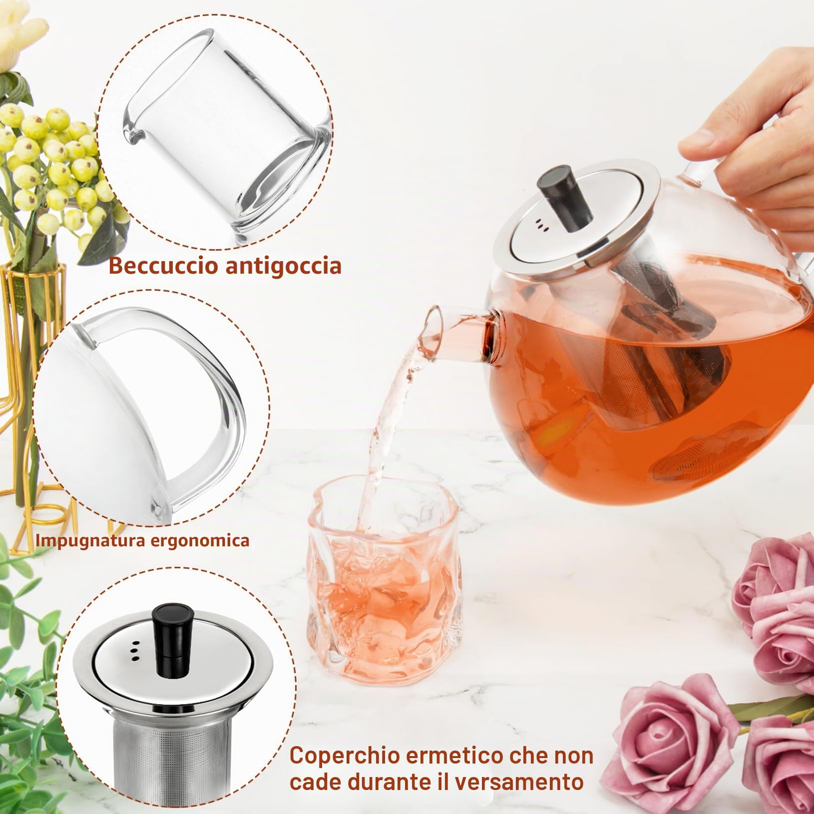1,5 Litri Teiera con Infusore, Teiera in Vetro, Teiera Da Con Filtro Infusore in Acciaio Inossidabile Resistente Al Calore, Perfetto Per Tè E Caffè