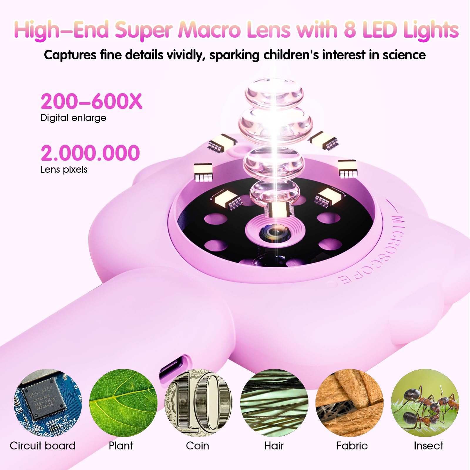 Microscopio para niños, microscopio para niños con diapositiva de muestra, kit de ciencia educativa, microscopios macro de enfoque fijo para niños, aumento de 500x, tarjeta SD de 32 GB incluida 3