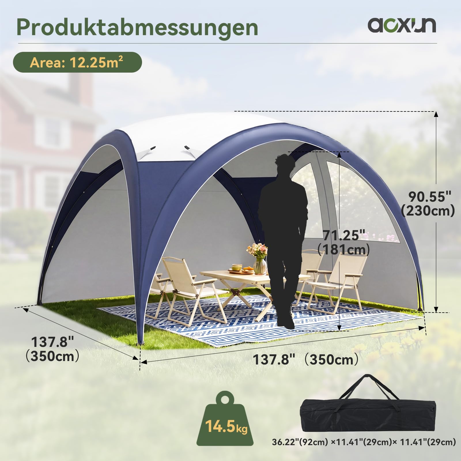 Aoxun Event Shelter Kuppelzelt mit Seitenwänden, Tragbare Stahlstange Camping Pavillon Gartenpartys Veranstaltungen, Transporttasche 4 Vevstärkte Füße, Wasserdicht (4000 mm), UPF 50+, 3,5 x 3,5 m