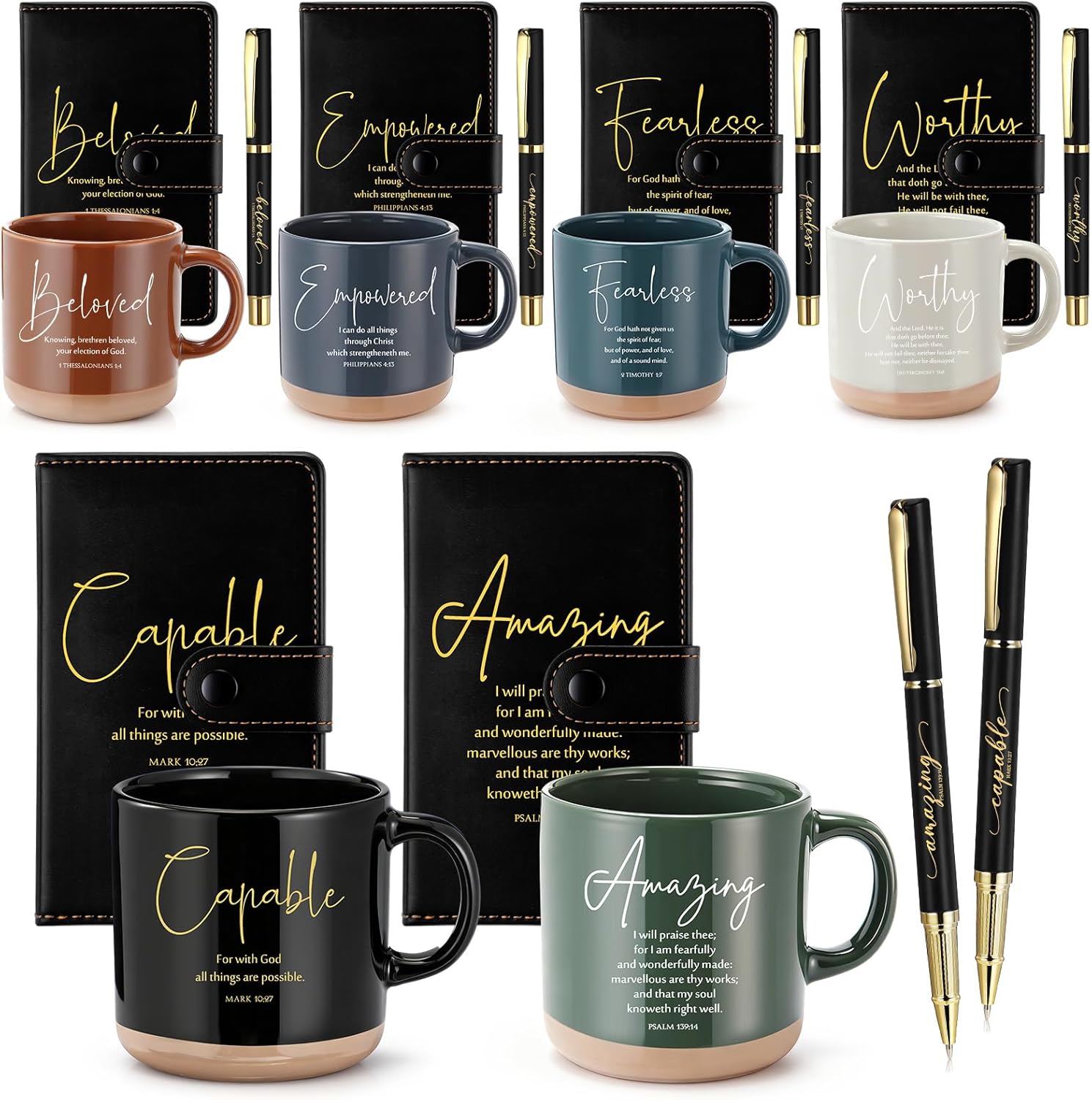 18 Pcs Christian Gift Set for Women Men, 13oz Bible Verse Ceramic Coffee Mugs with Leather Journal Pen Inspirational Mom dad Religious Gifts for Office Coworkers Pastor Church(Retro Black)