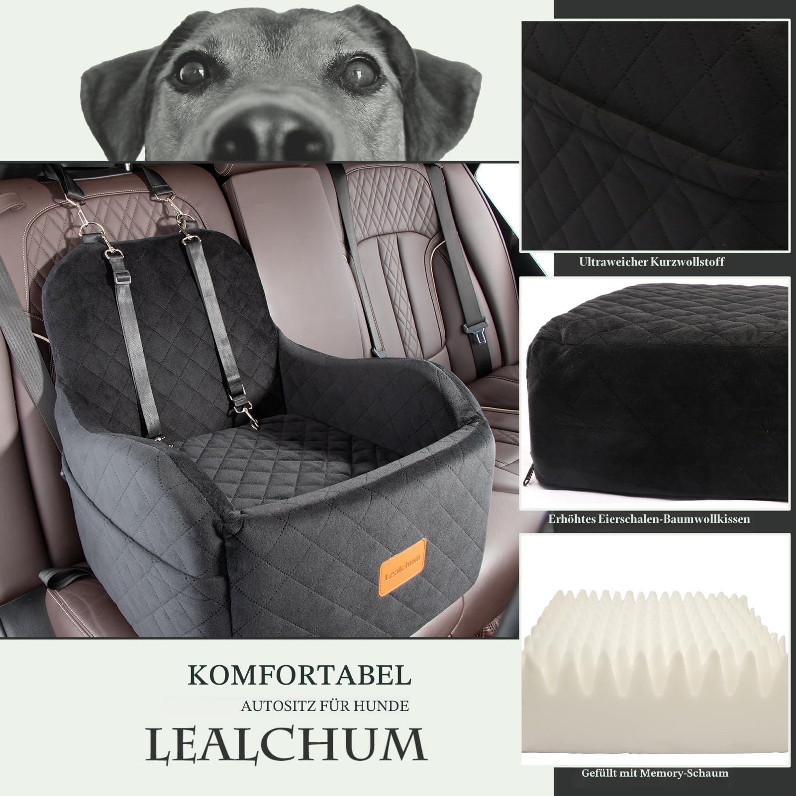 Hunde-Autositz für kleine/mittelgroße Hunde, tragbarer Welpensitz mit erhöhtem Kissen, vollständig Abnehmbarer und waschbarer Haustier-Autositz mit Aufbewahrungstaschen (Black, Medium)