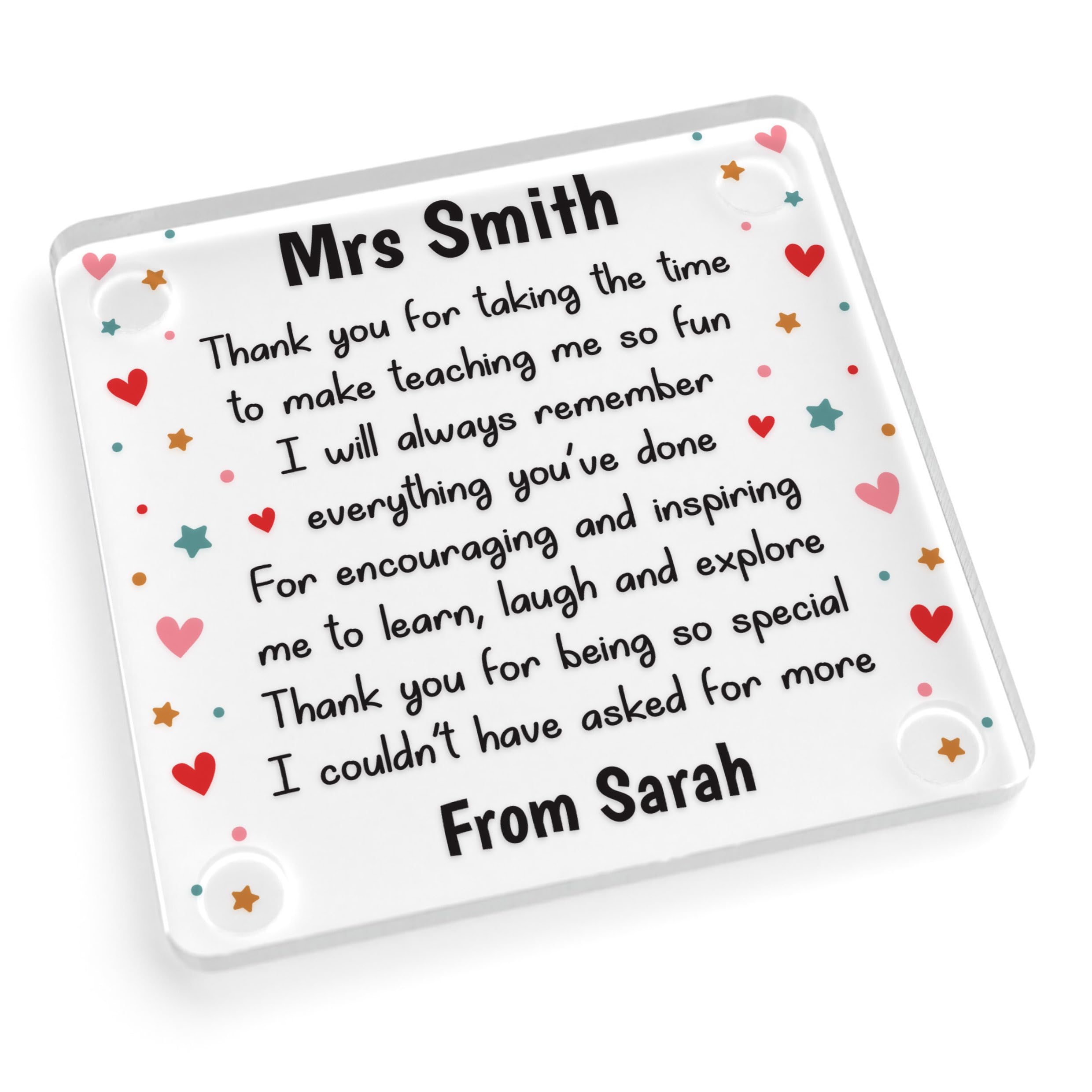 Beecreative Personalised Teacher Thank You Gifts - Custom Clear Acrylic Square Coaster - Teacher Coaster Present For End Of Year - With Grey Bag