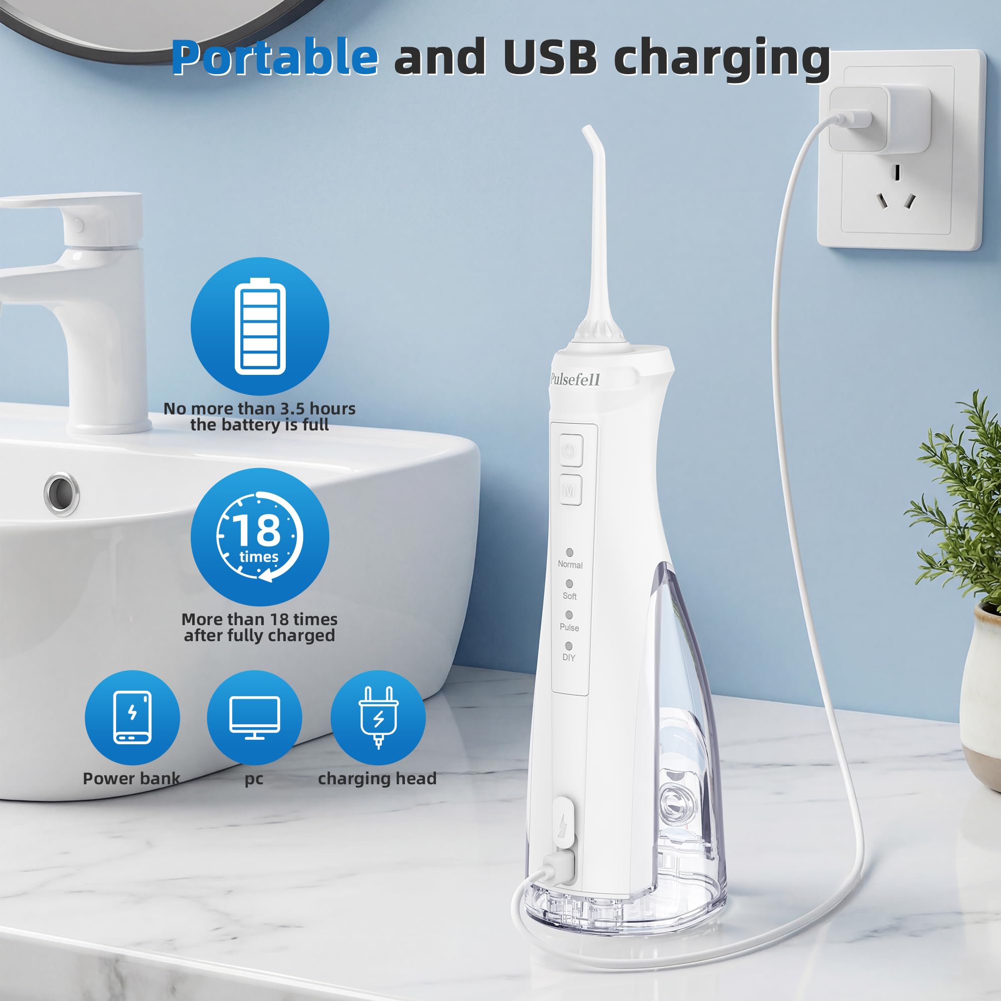 Jet Dentaire Hydropulseur Portable, 300 ML USB Rechargeable Sans Fil Hydropulseur Dentaire avec 4 Embouts et 4 Modes, étanche IPX7 Water Flosser pour Domicile et en Voyage (Blanc)
