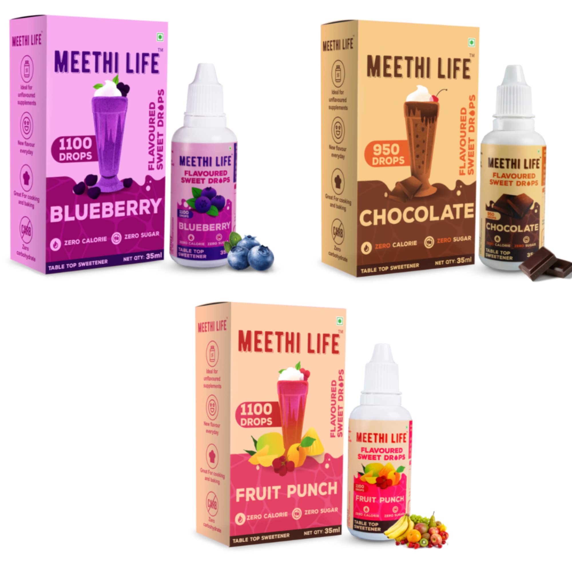 Meethi Life, Flavoured Sweet Drops, Chocolate, Blueberry, Fruit Punch Zero Calorie Zero Sugar, Ideal for Shakes, Smoothies, Oat Meals, Raw Whey Protein, 35 Each (Pack Of 3)-image-29