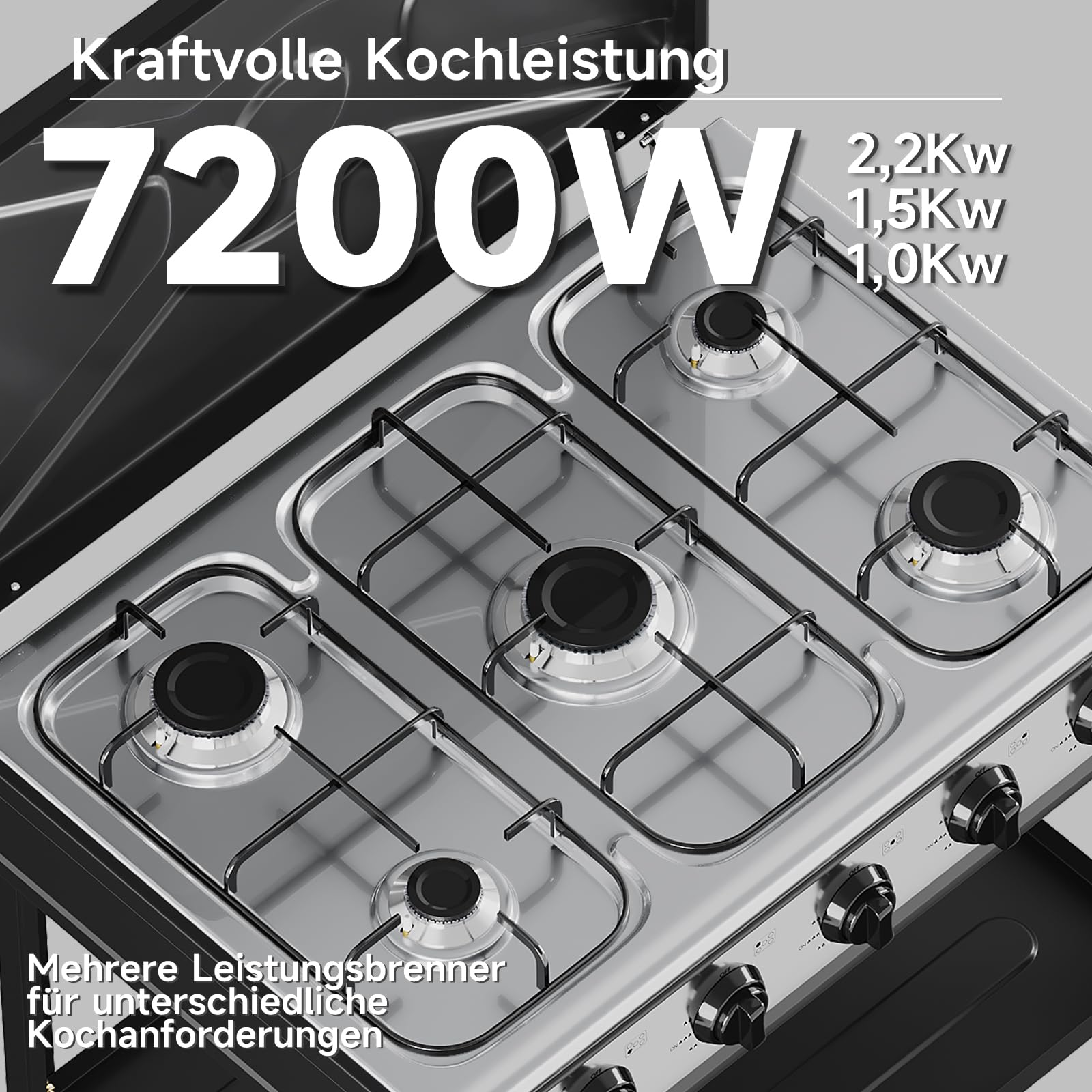 HOMELUX 7,2 KW Gaskocher Campingkocher 5 Flammig mit 1,5M Anschlussschlauch Druckminderer 50 mbar