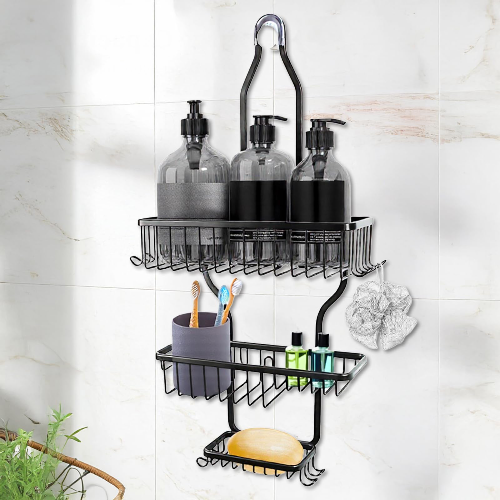 SOONHUA Shower Organizer Hanging Rustproof Shower Caddy with Soap Basket and 10 Hooks Large Capacity Anti-Swing Bathroom Organizer