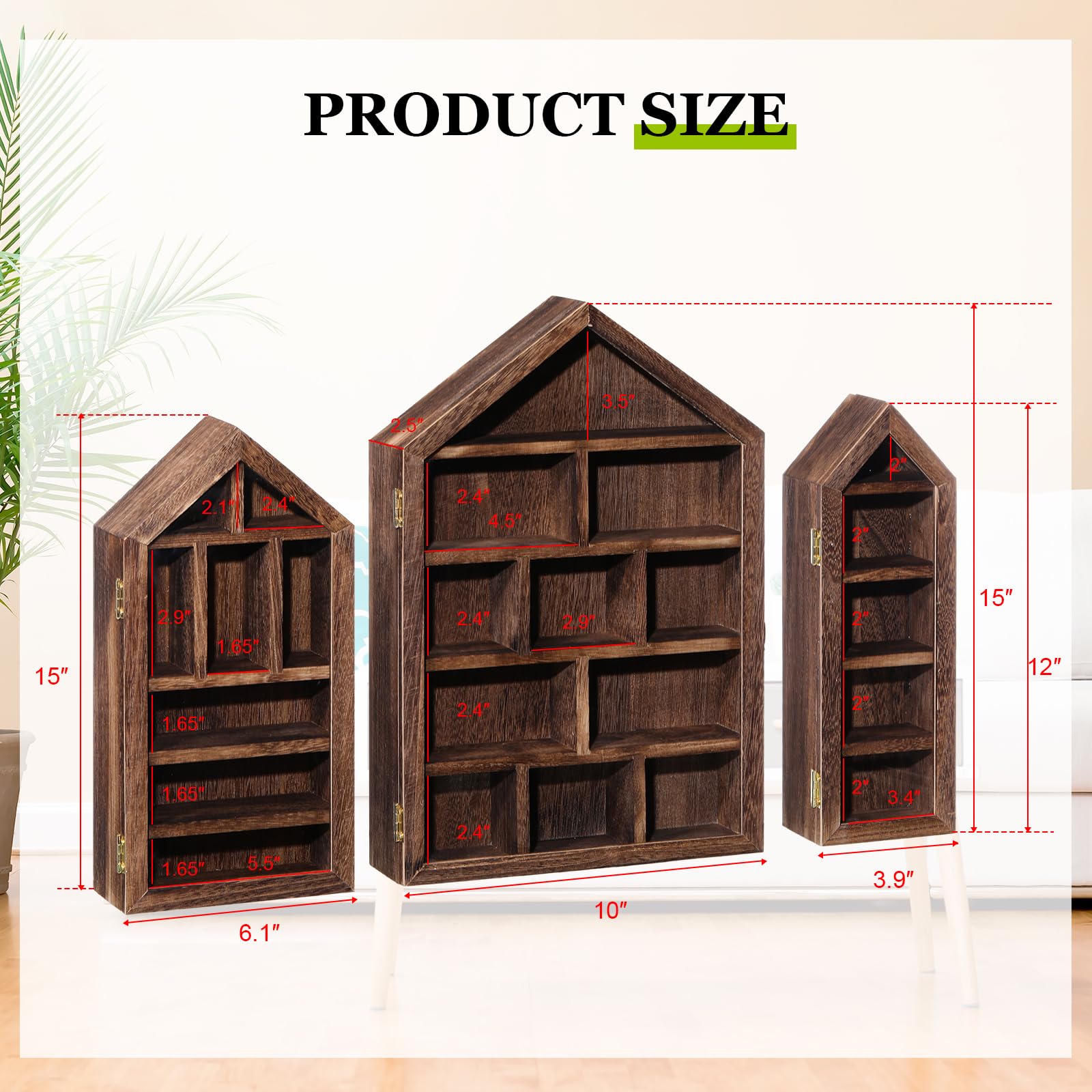 DoubleFill Set of 3 Shadow Cubby Boxes Wooden House Shaped Display Shelf 10 x 15 Inch Large Wall Mounted Display Storage Shelves for Mini Figures Curio Trinket Medals Crafts Collections(Brown)