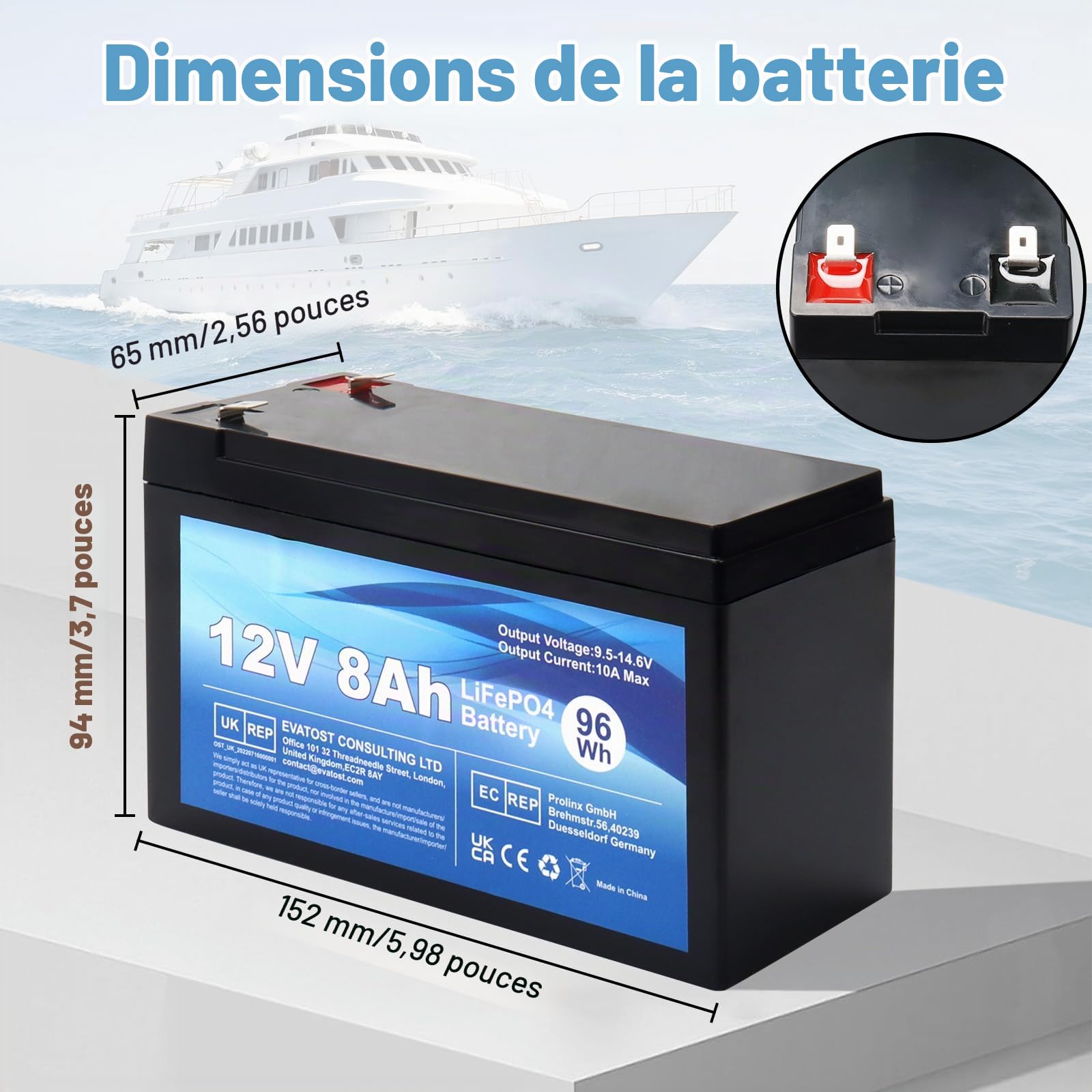 12V 8Ah LiFePO4 Batterie de Lithium Rechargeable, Cycle Profond 2000 Fois avec Protection BMS, Batterie LiFePO4 pour Les Bateaux à Moteur, Camping, Scooters, USP,Éolienne, Solaire, Onduleurs