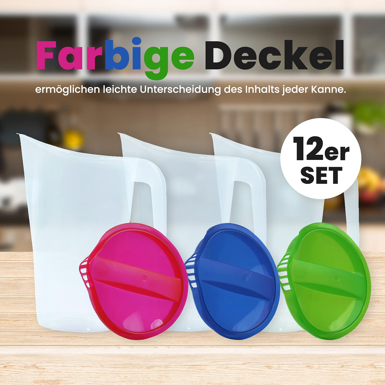 Home Line Saftkanne 1,7 L - Wasserkanne mit festsitzendem Deckel - Getränkekanne mit tropffreiem Außgieser - Wasserkaraffe Kühlschrankkrug Saftspender (12er Set (blau, grün, rot))