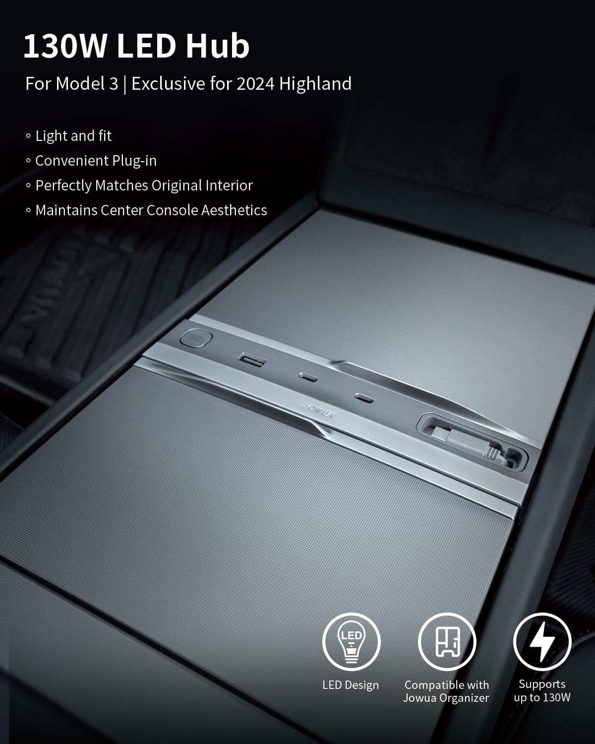 JOWUA 130W LED Hub Compatible for Tesla New 2025 Model Y, Reengineered Model 3 Highland (2024+), Two Type-C Ports, one USB-A Port, and a Type-C Cable