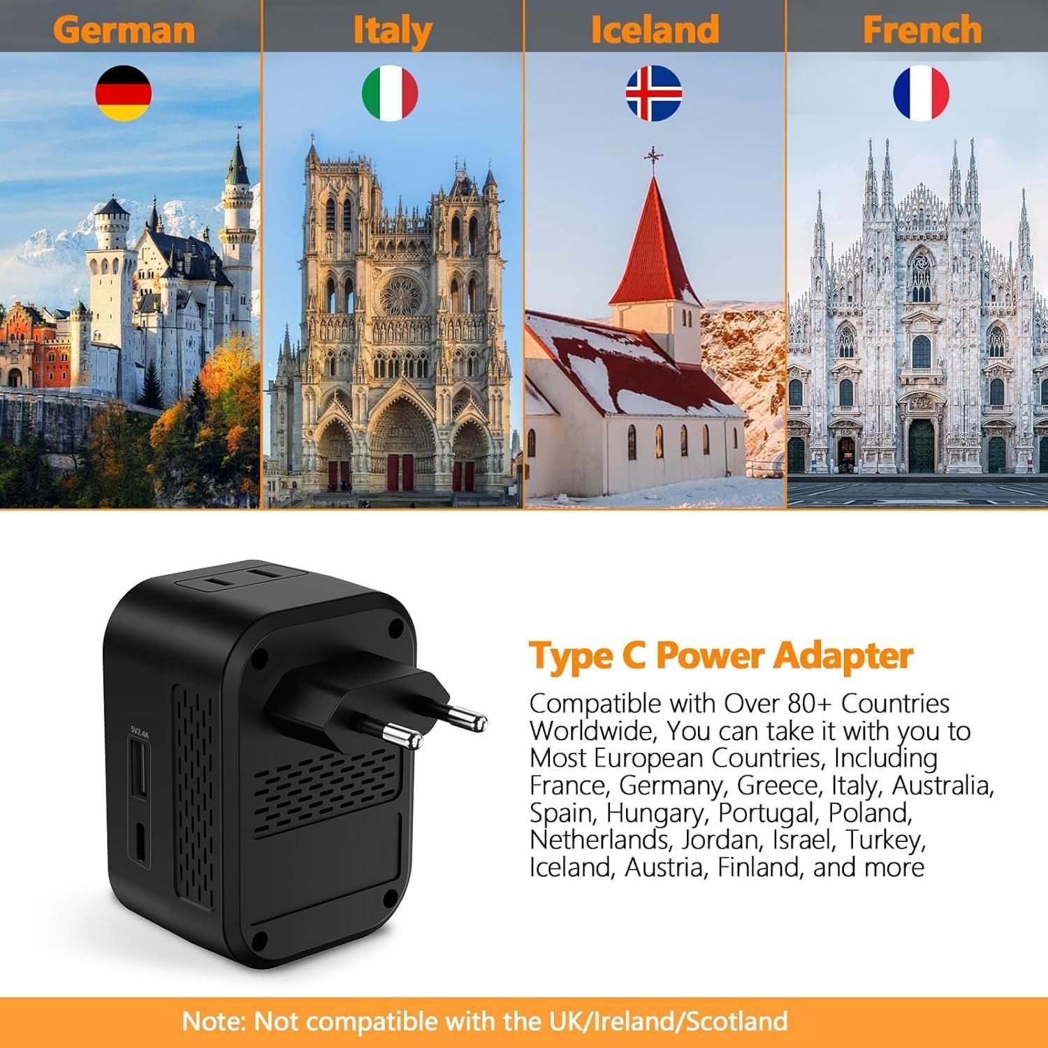 220V To 110V Voltage Converter & Travel Adapter - 20W PD, 2 USB-C, 2 USB-A, For Europe, Spain, Italy (Black)