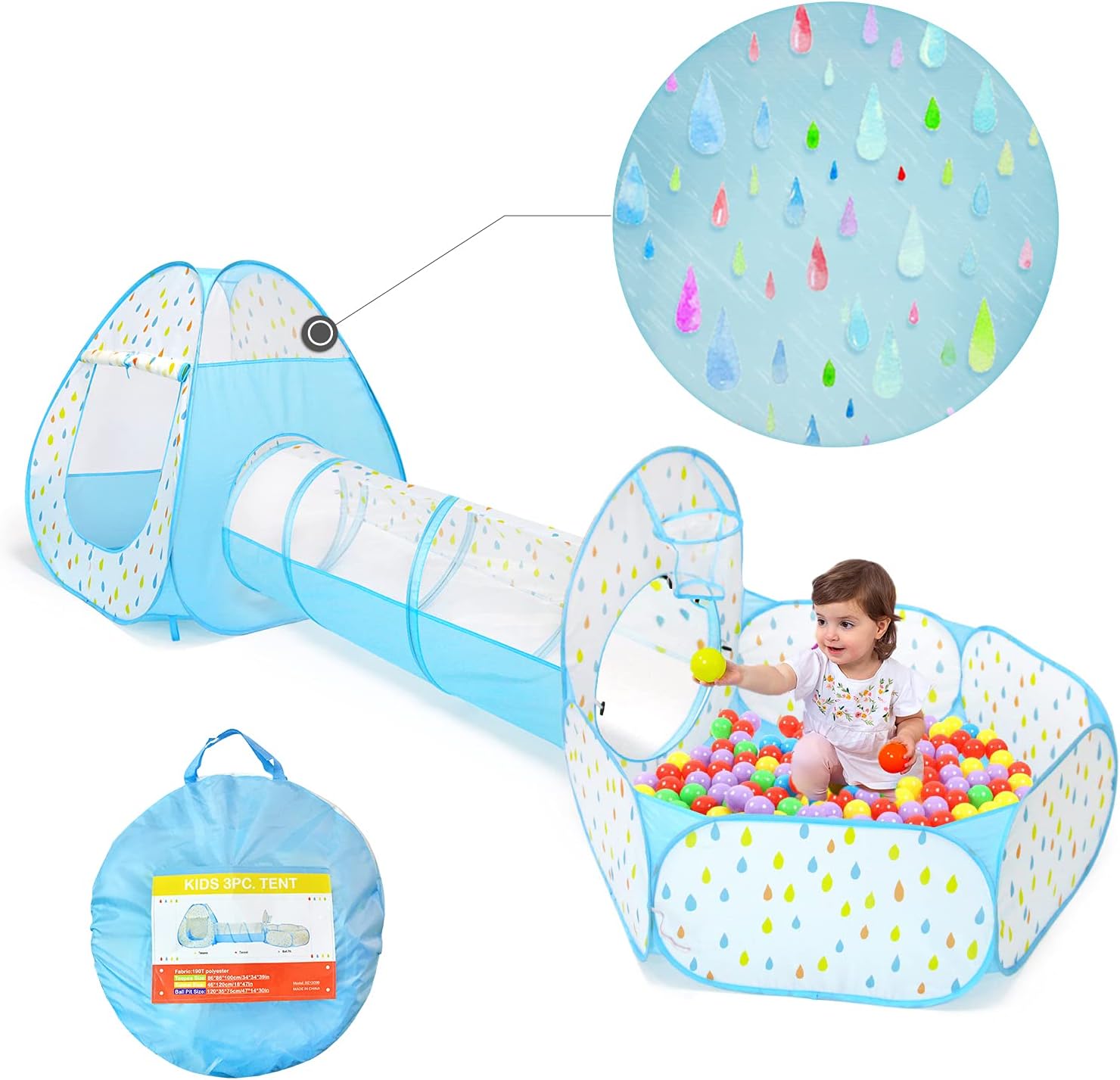 Kids Play Tent Crawl Tunnel and Ball Pit with Basketball Hoop Playhouse for Toddlers Child (Raindrop)